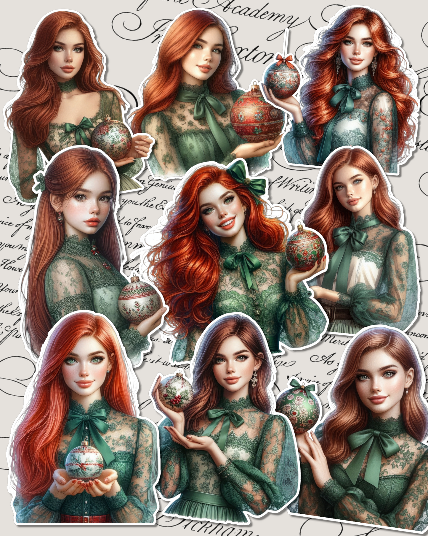 Cozy collection of Christmas girls wearing delicate green lace, in soft red, green & cream tones for journaling, scrapbooking and Crafts