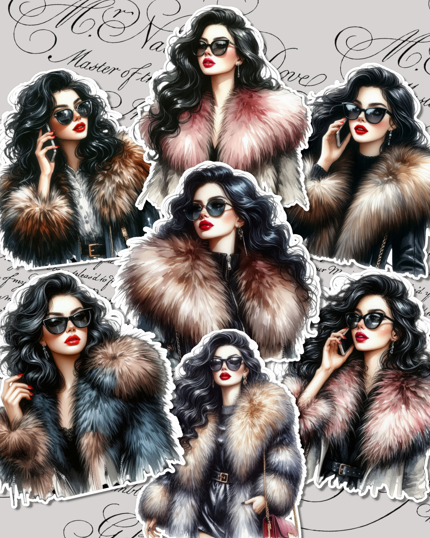 Lot of Glam Winter girls in luxurious fur coats, with chic neutral tones perfect for journaling, scrapbooking, crafts & hand arts