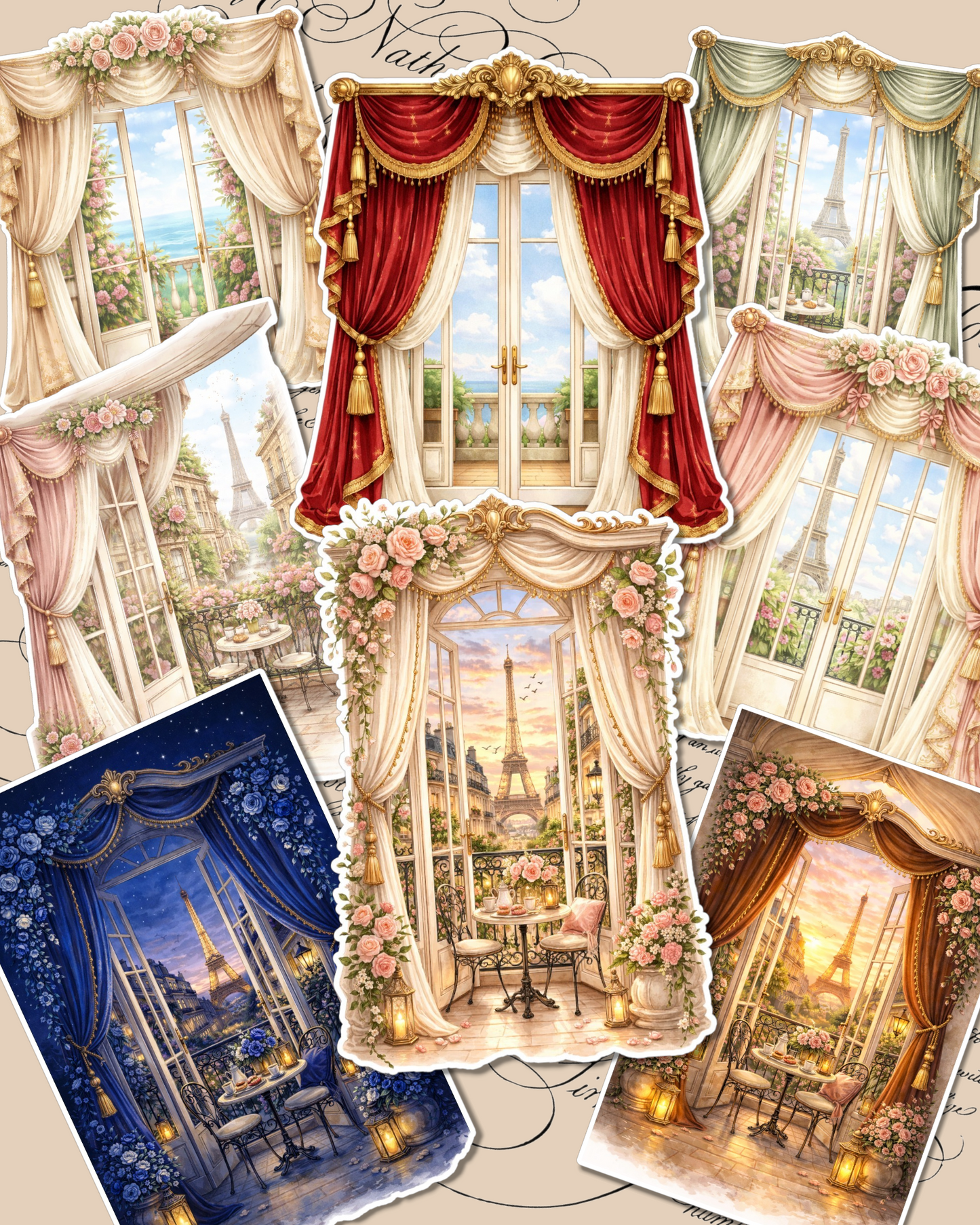 Set of beautiful victorian curtain Paris views in different colors for journaling , scrapbooking, Crafts, HandArts.QueenArt Design