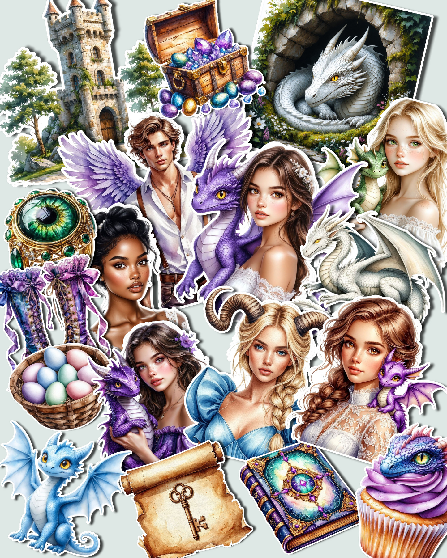 Set of 17 Magical fantasy sticker collection featuring dragons, castles, enchanted characters, and mystical treasures perfect for journaling, scrapbooking, and creative projects.