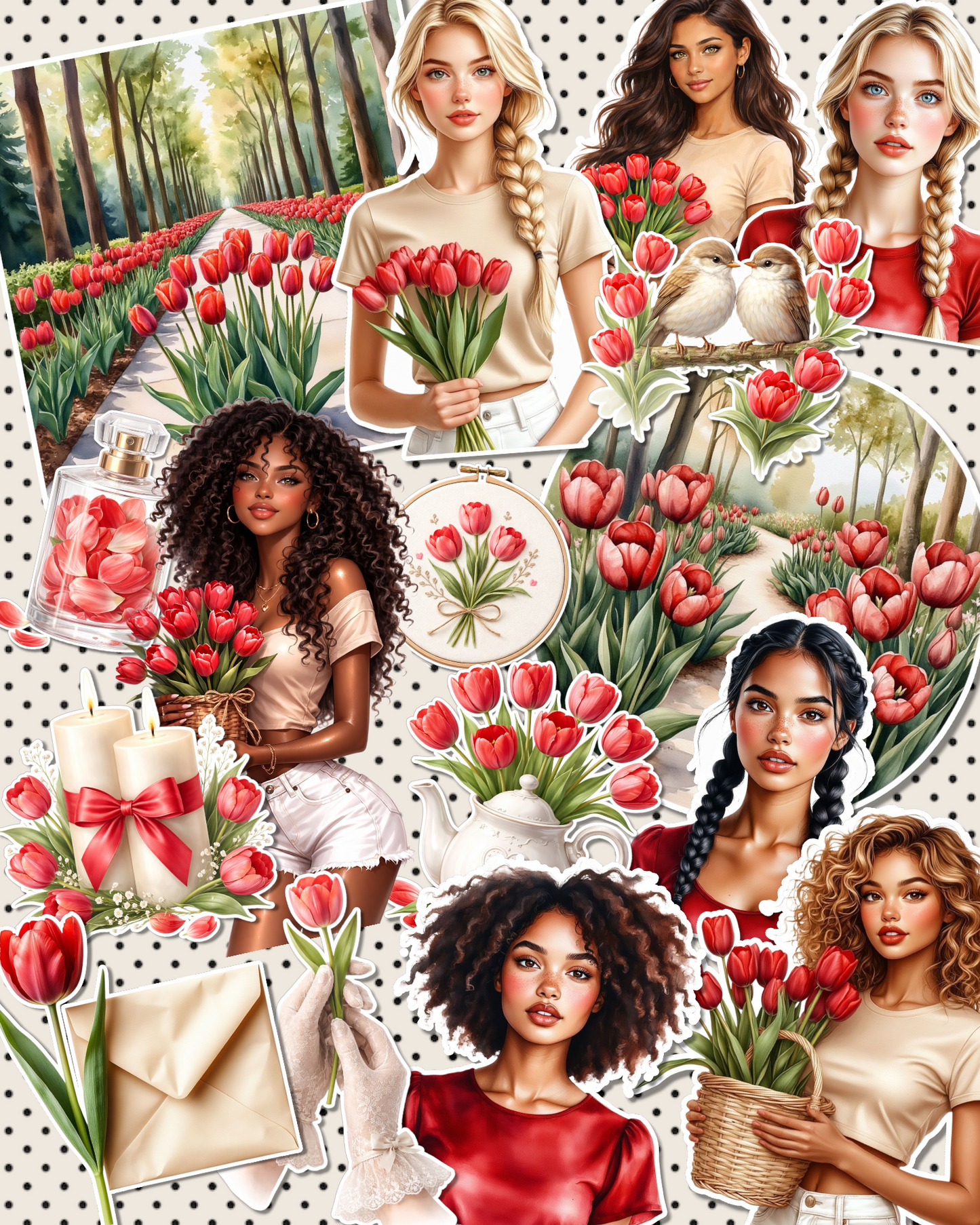 Lot of Red tulip fields stickers for journaling| Scrapbooking | Crafts| Hand Arts •