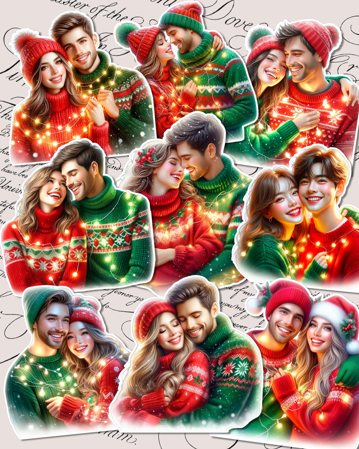 Set of 9 couple lovers in christmas time for Journaling, scrapbooking, Crafts, HandArts.