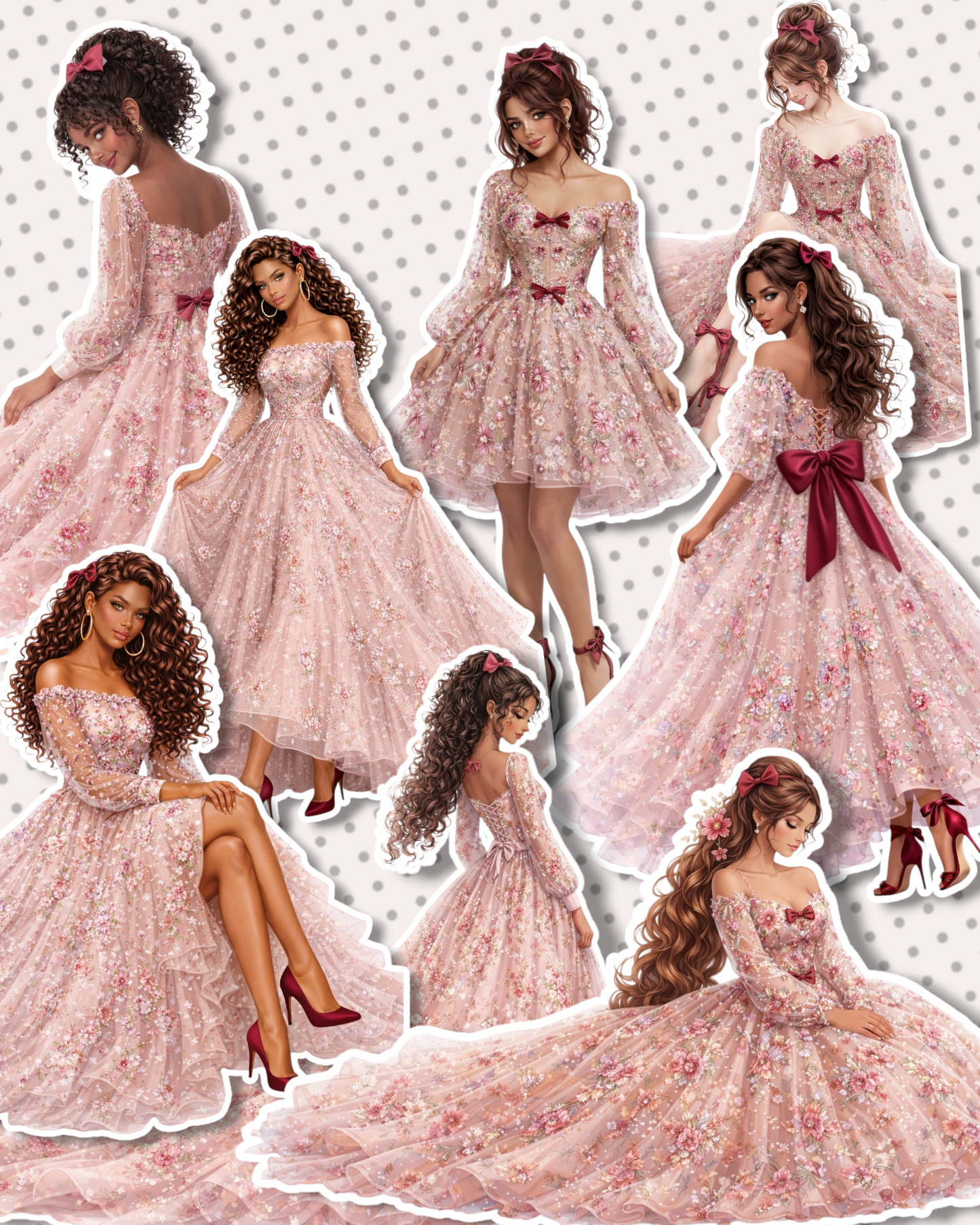 Set of 9 Romantic floral girl stickers in soft blush tones perfect for Journaling, scrapbooking, Crafts, Hand Arts