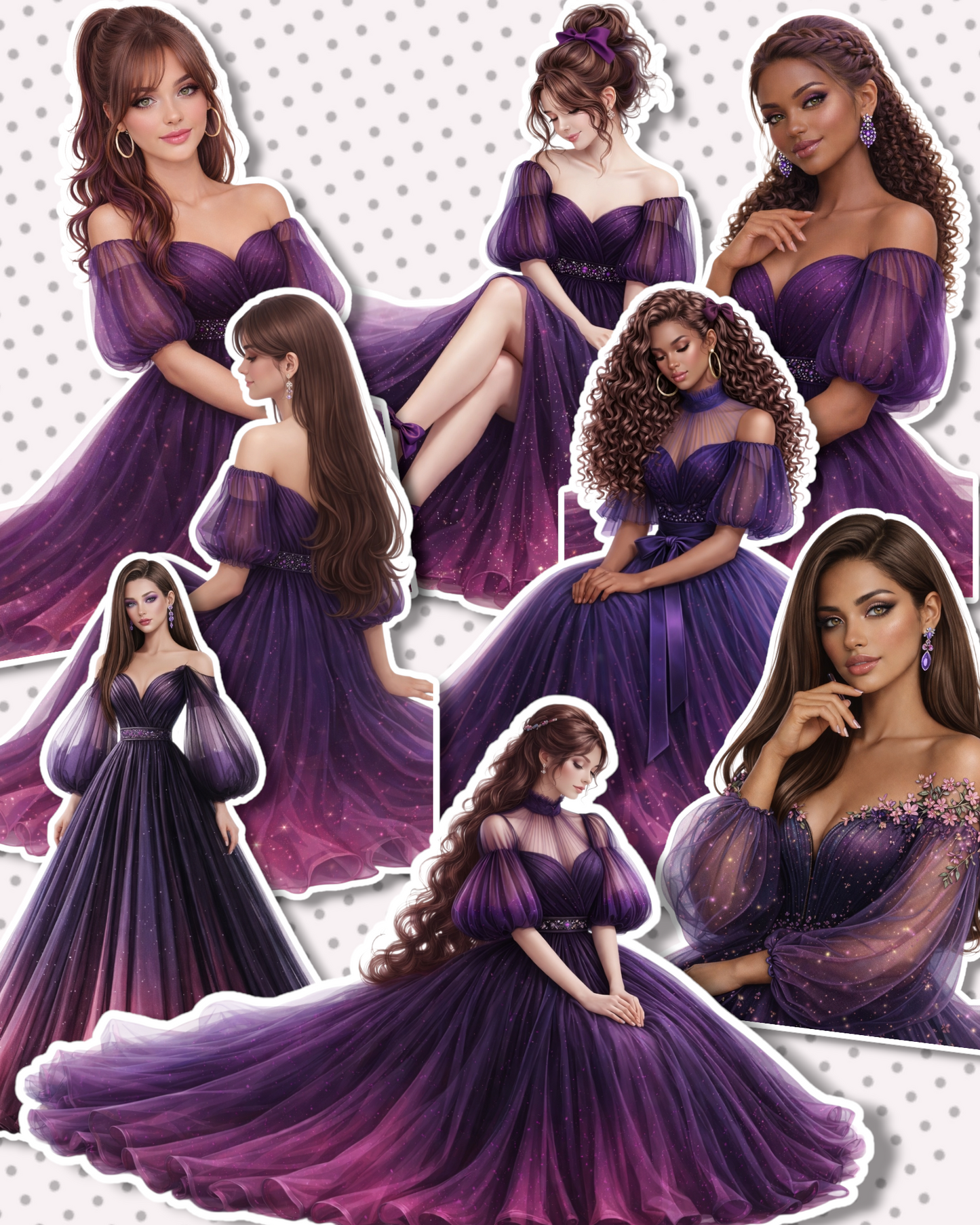Set of Elegant purple fashion girl stickers with dreamy dresses and elegance vibes perfect for Journaling, scrapbooking, Crafts,Hand Art