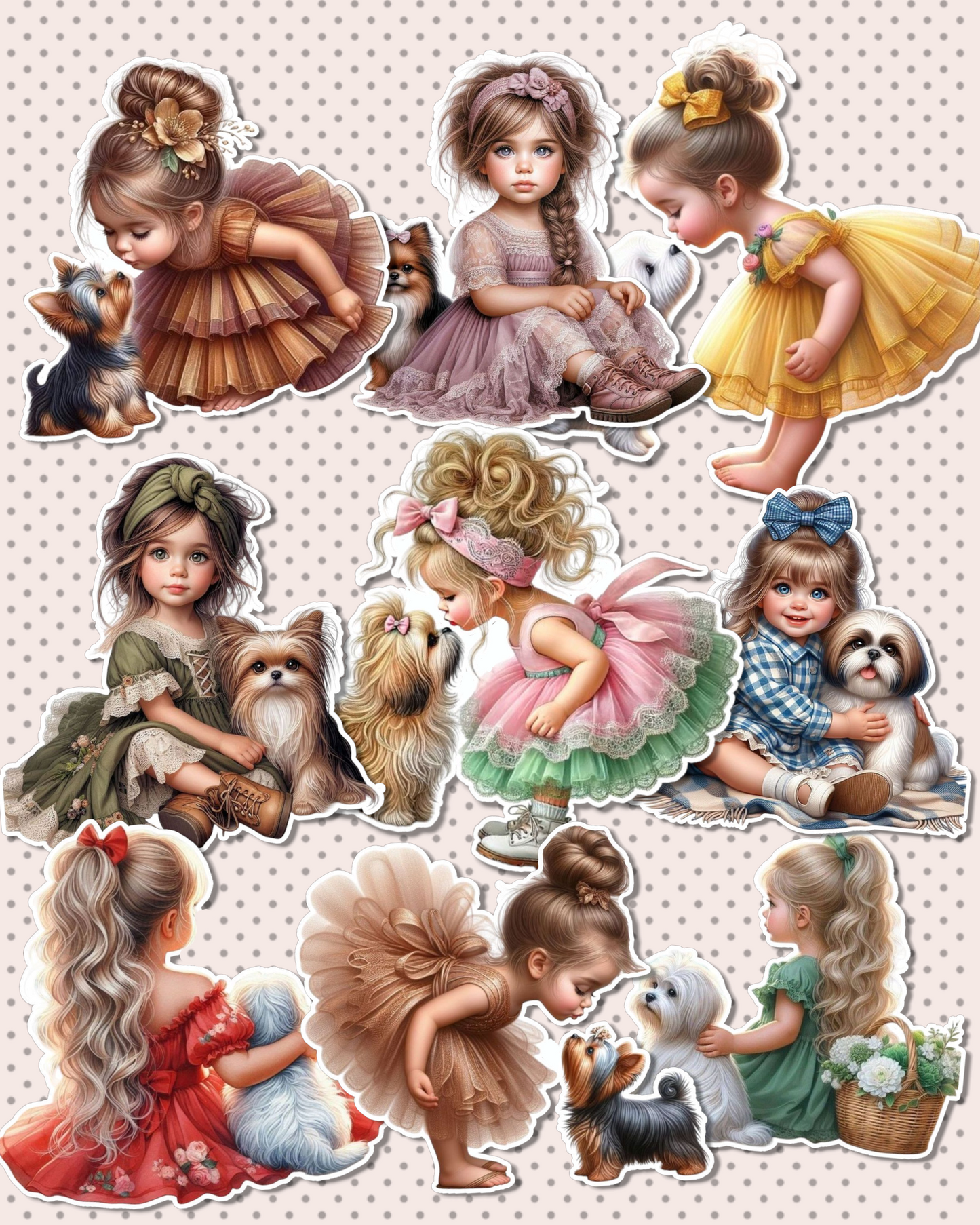Set of 9 small girls with pets for Journaling, scrapbooking, Crafts, HandArts.