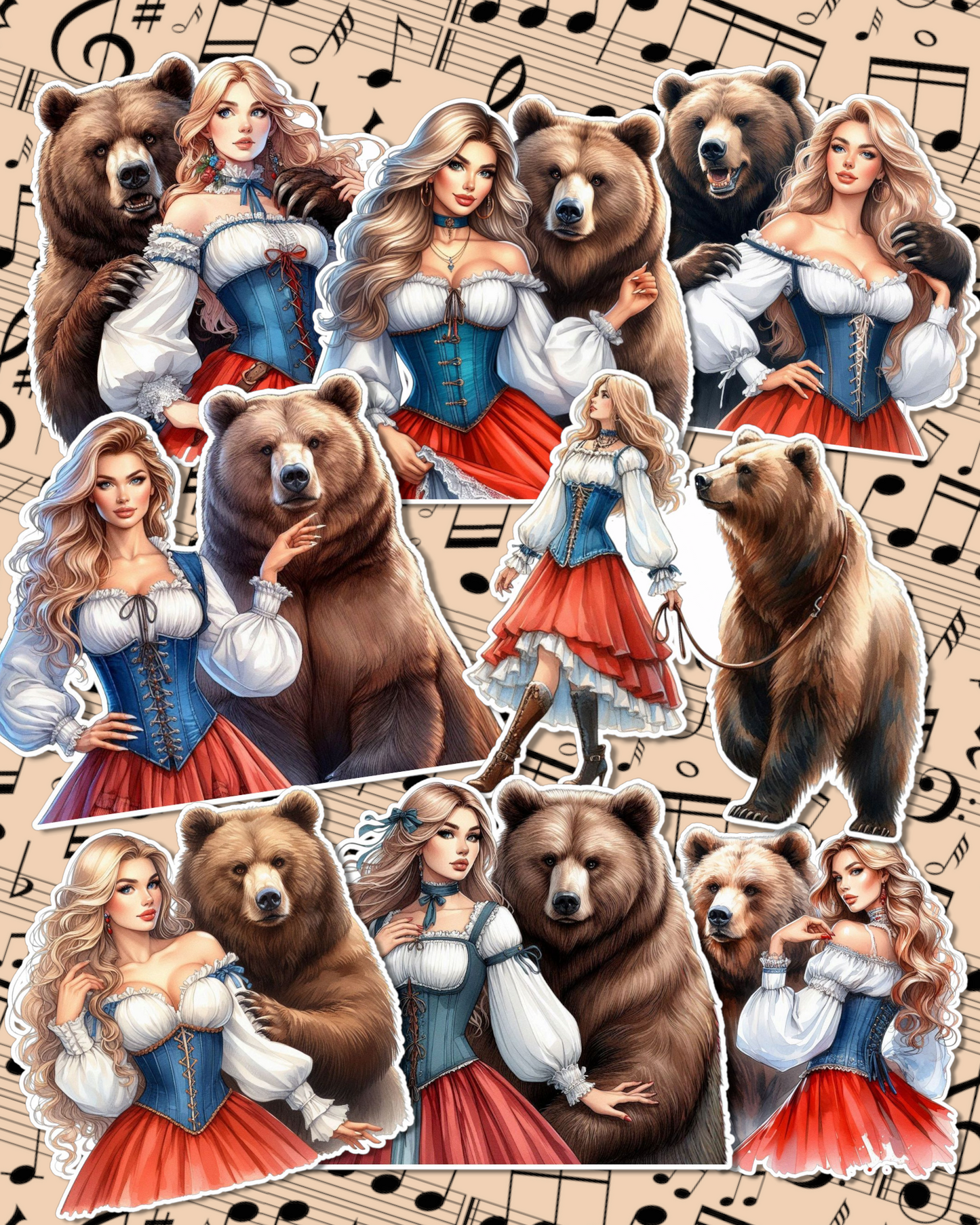 Set of brave Beautiful girls with bears for Journaling, scrapbooking, Crafts, HandArts.