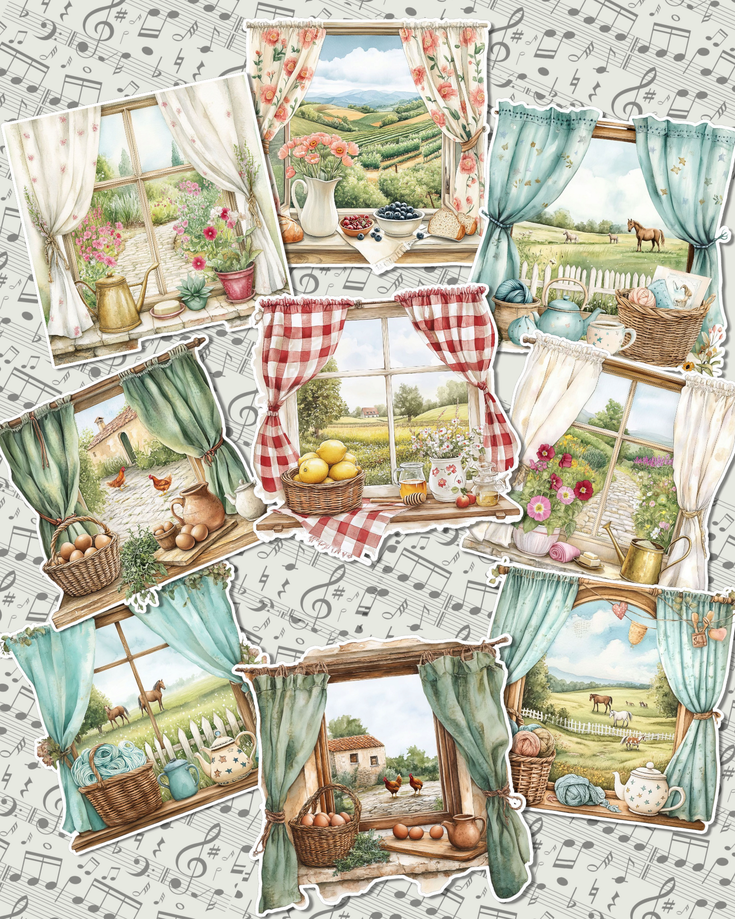 Set of 9 spring village window for journaling, scrapbooking, Crafts, Hand Arts.