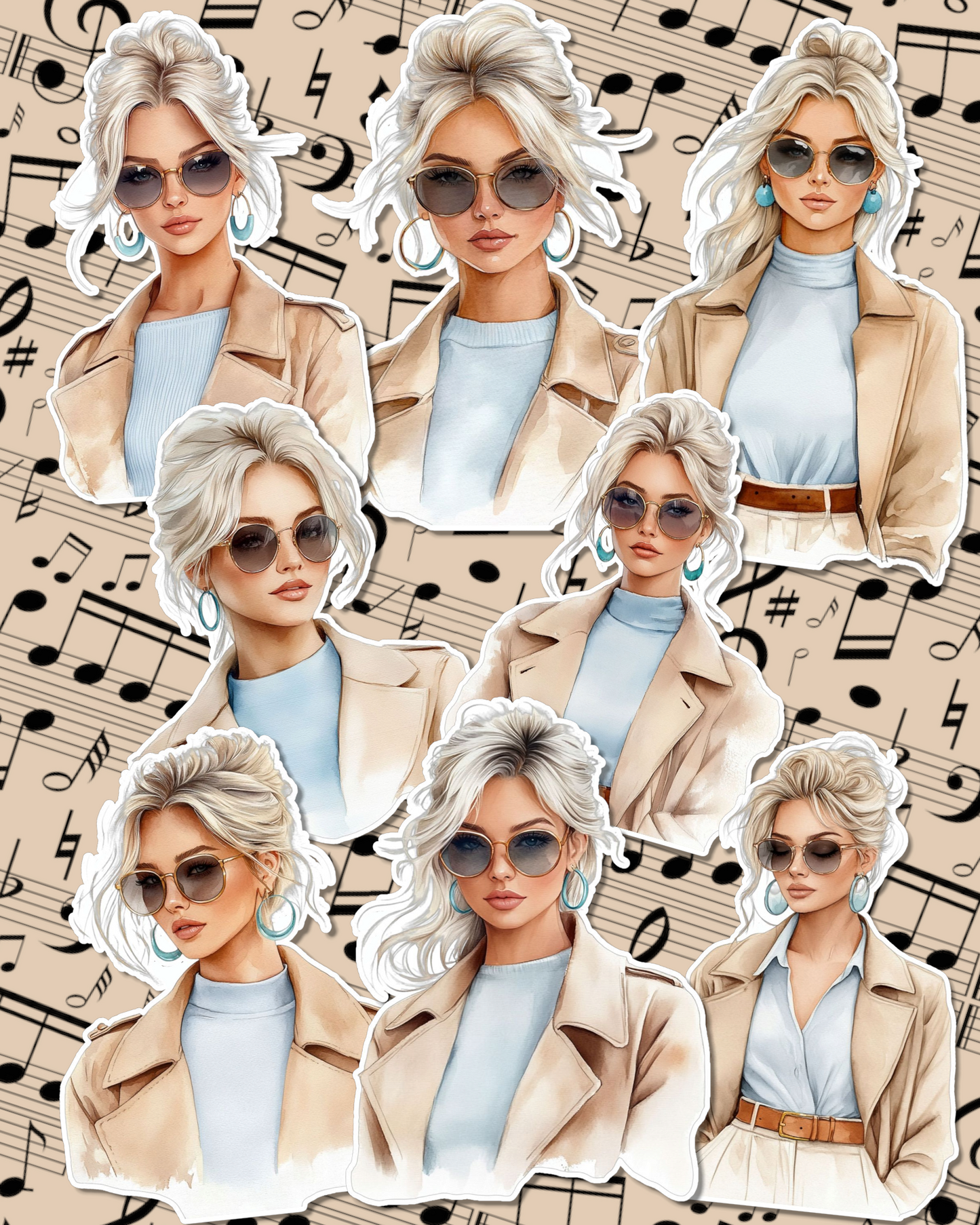 Set of Beautiful girls wearing beige jacket baby blue blouse for journaling , le scrapbooking, Crafts, HandArts.