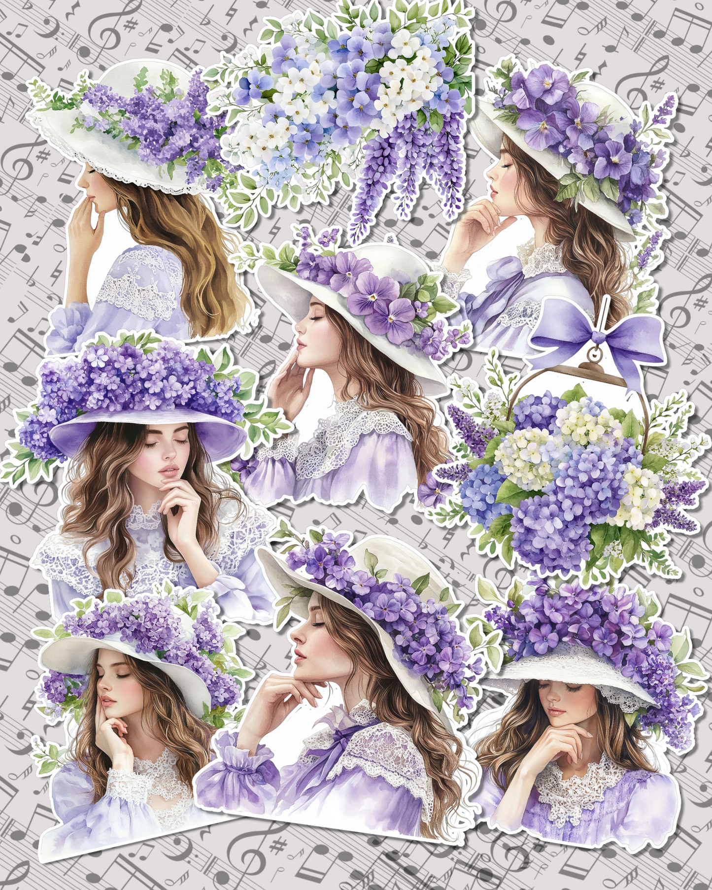 Set of lavender girls wearing lavender hat for journaling, Scrapbooking, Crafts , Hand Arts