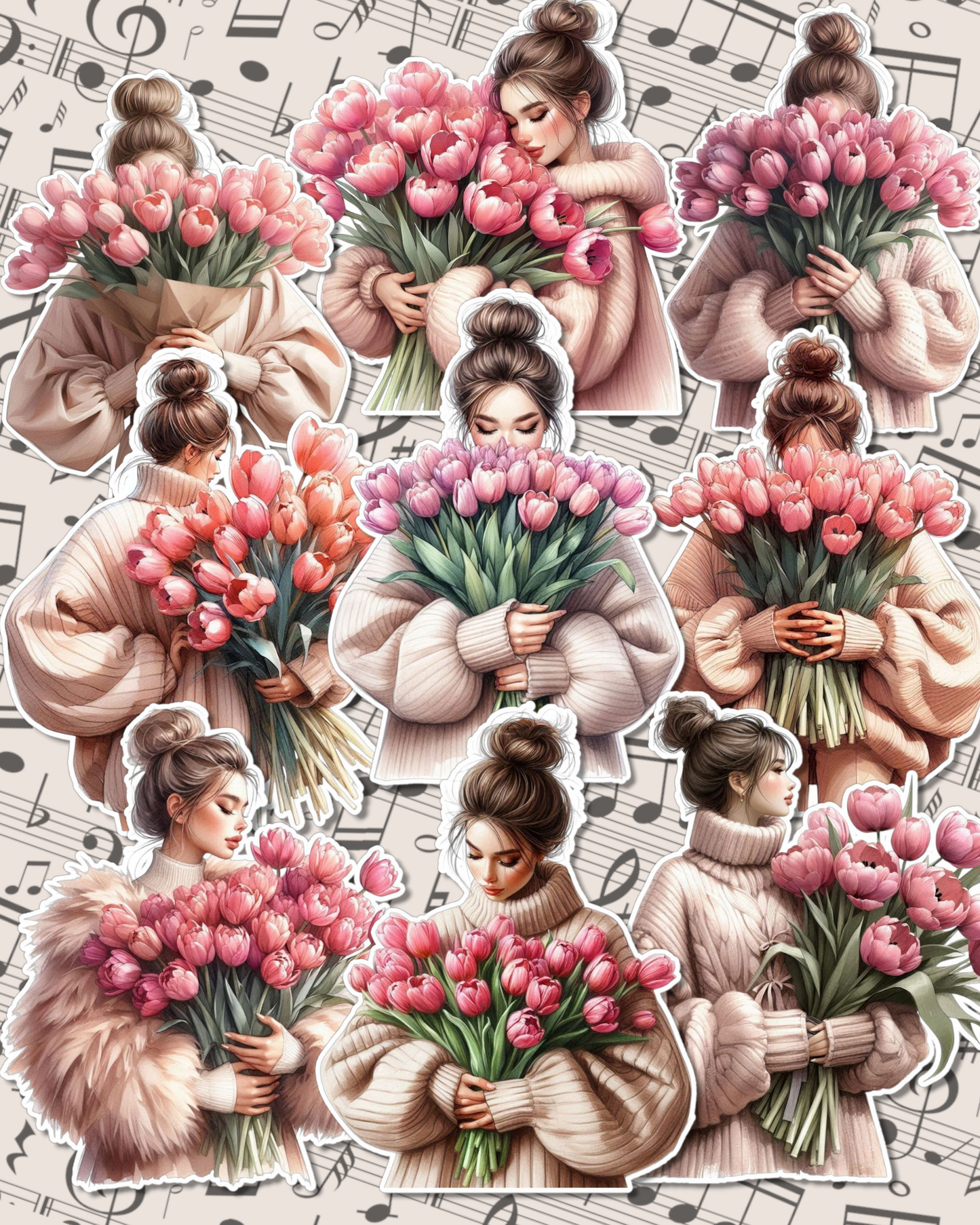 Set of 9 cutie girls hiding her faces with tulip bouquet for Journaling, scrapbooking, Crafts, HandArts.