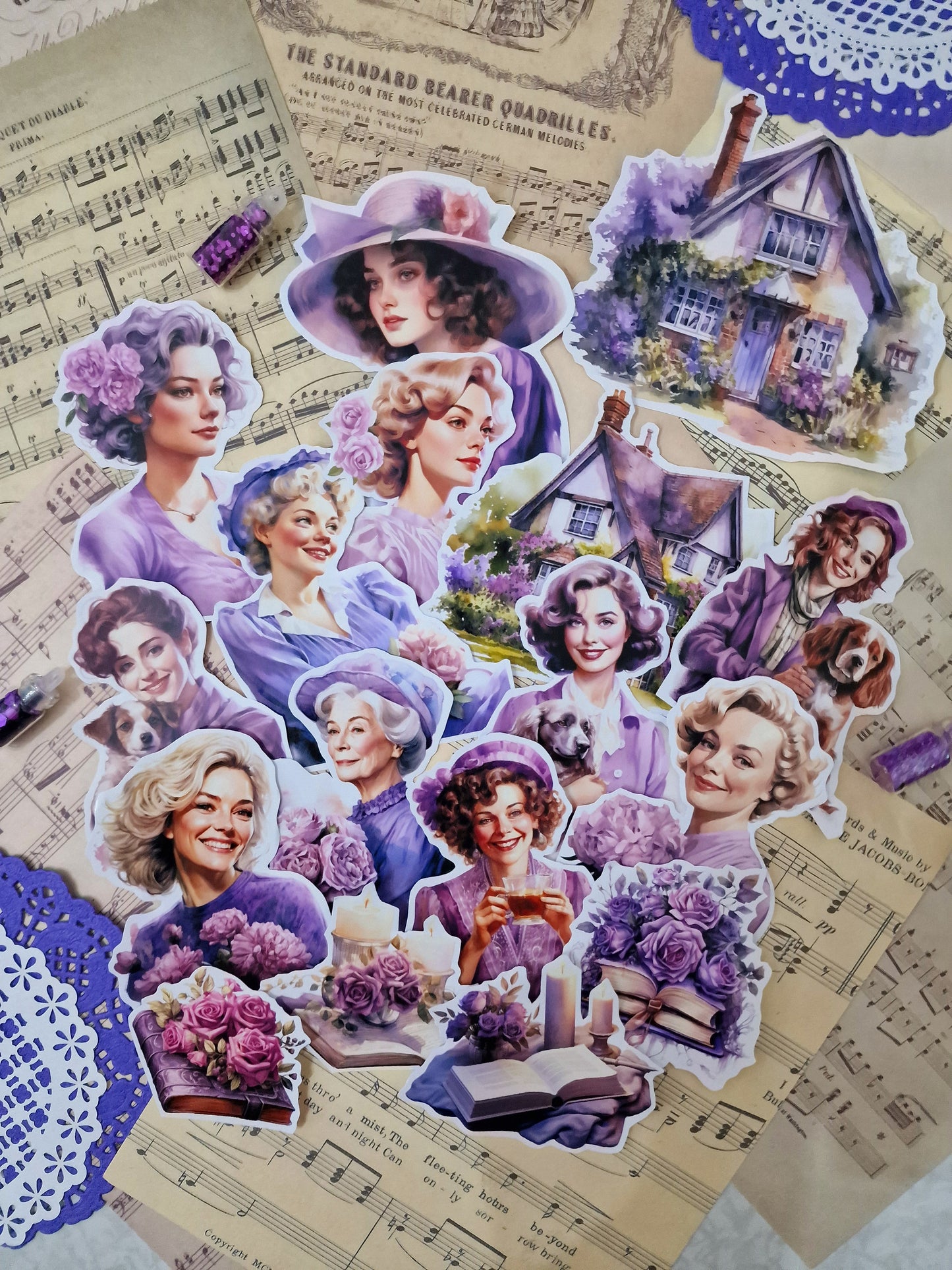 Lot de 17 stickers mauves cottage cosy pour journal | Scrapbooking | Artisanat | Arts de la main •
