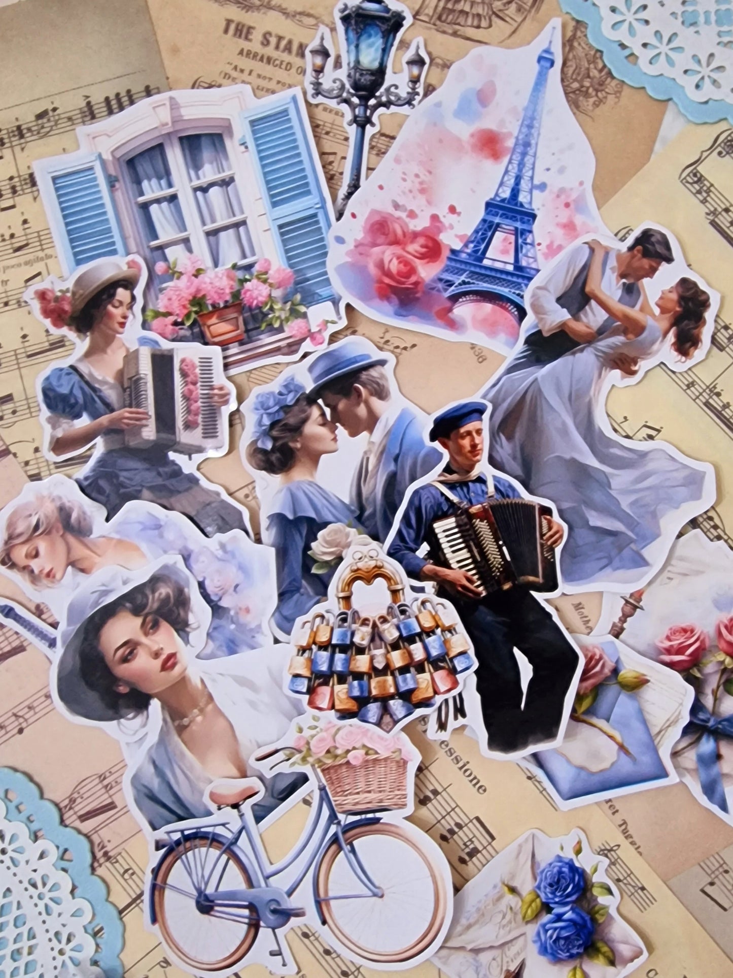 Lot de 14 stickers Romance Paris pour journal, scrapbooking, travaux manuels•