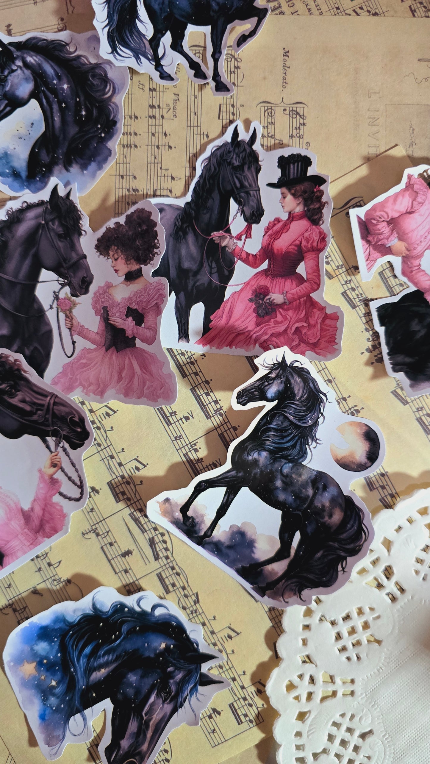 Lot de 12 stickers représentant le cheval noir et la jeune fille vintage pour tenir un journal | Scrapbooking | Artisanat | Arts de la main•