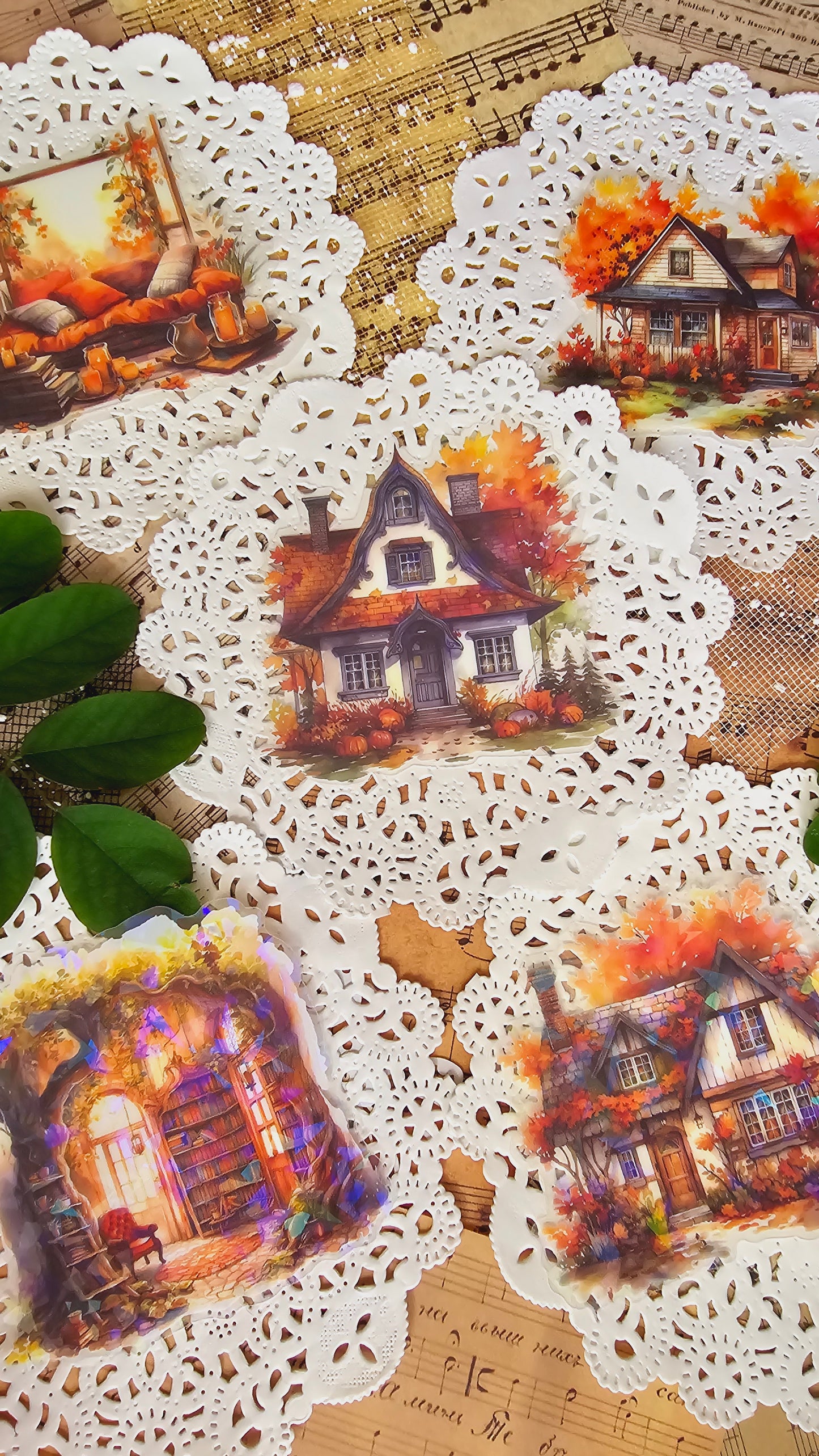 5 stickers scintillants maisons d'automne pour un journal | Scrapbooking | artisanat | Arts de la main •