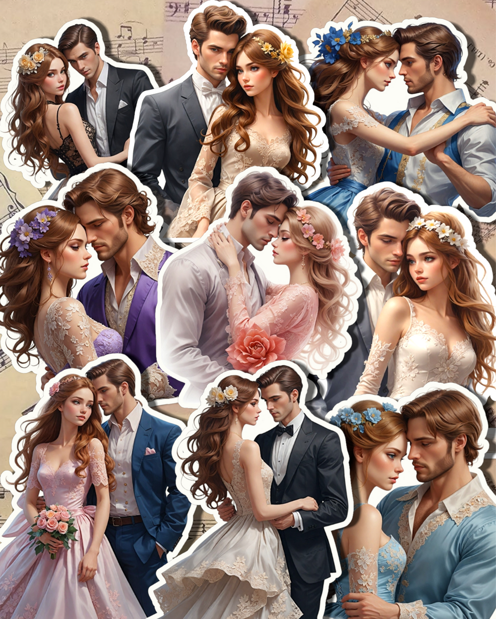 Ensemble de 9 couples en costume classique et robe en dentelle pour le journaling, le scrapbooking, l'artisanat et les HandArts•