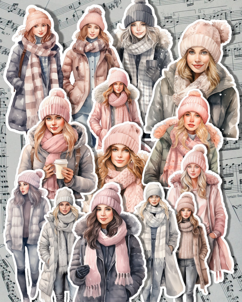 Lot de 12 Autocollants Rose Fille Hiver pour journalisation, Scrapbooking, Artisanat
