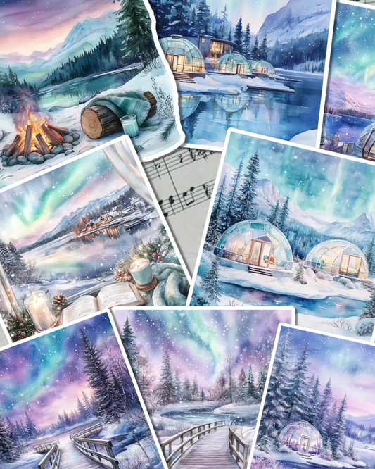 Set of photos Stickers of beautiful northern lights views for journaling , scrapbooking, Crafts, HandArts.