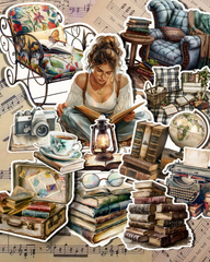 Set of Summer Vintage Reading couleur sépia vintage for journaling, scrapbooking, Crafts, HandArts .