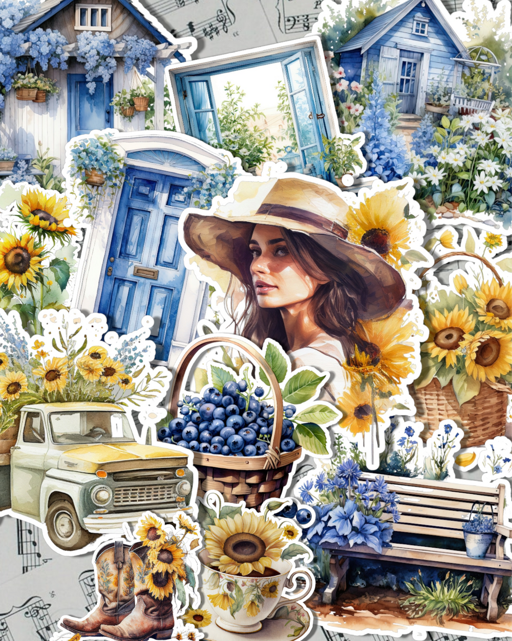 Lot de 15 autocollants Bleu Jaune Cottage | Scrapbooking | Artisanat | Arts de la main •