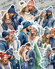 Lot de 9 Stickers couple d'hiver pour journalisation, Scrapbooking, Artisanat