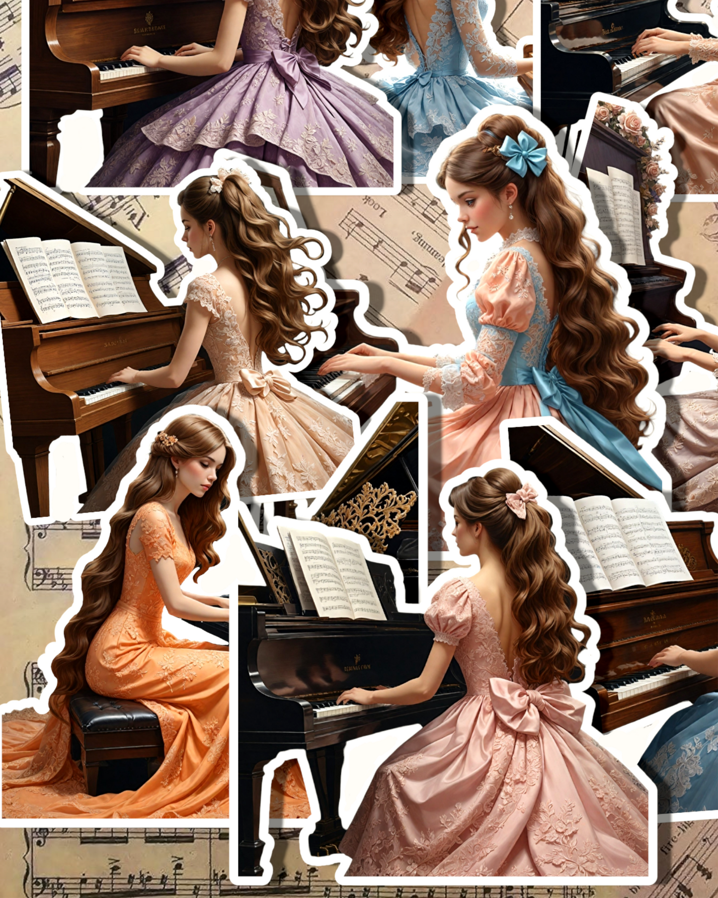 VINTAGE Set of playing piano Girl in lace diffrent color dresses for journaling| Scrapbooking | Crafts | HandArts •