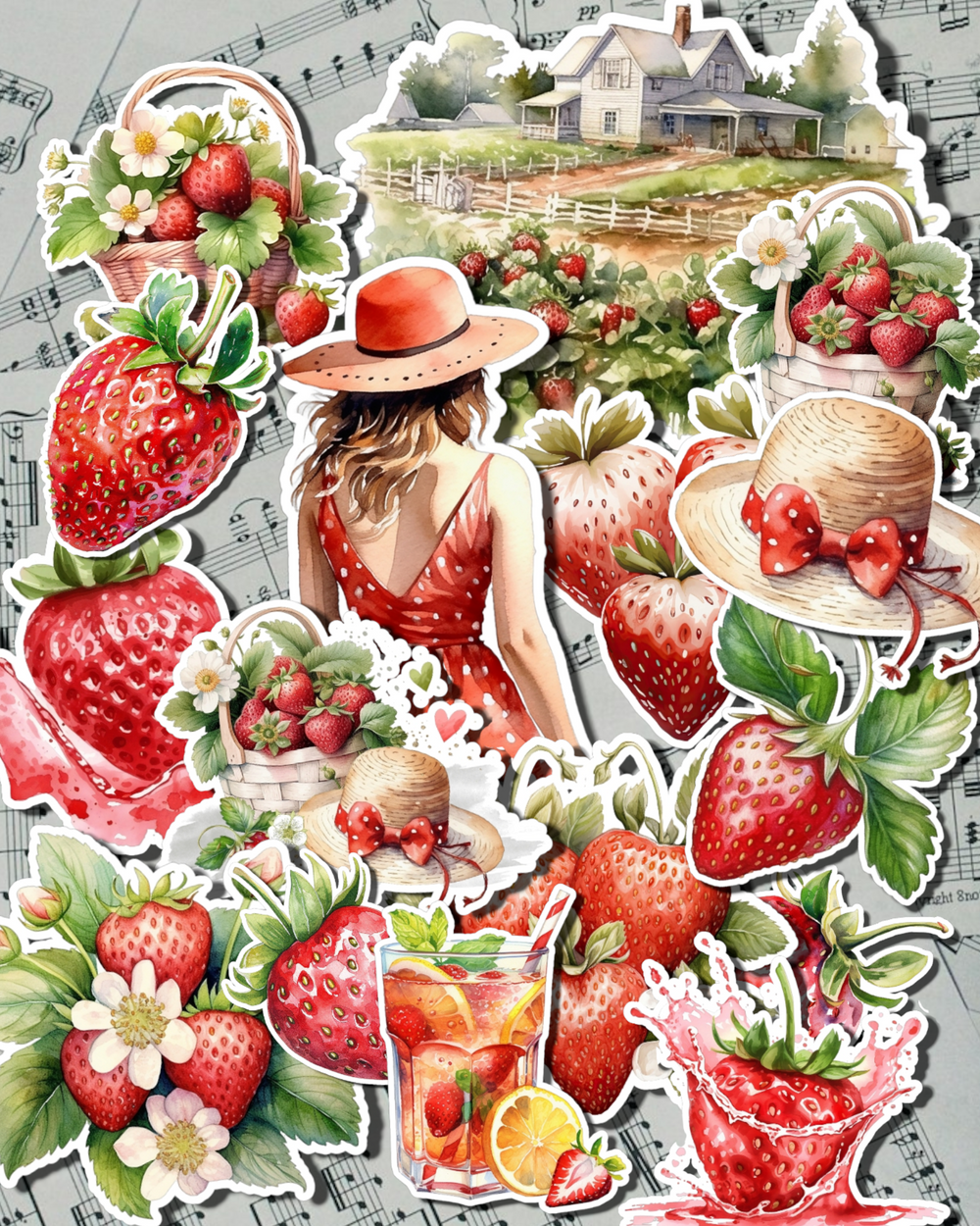 Lot de 15 autocollants Fraise pour journal | Scrapbooking | Artisanat| Arts de la main •.