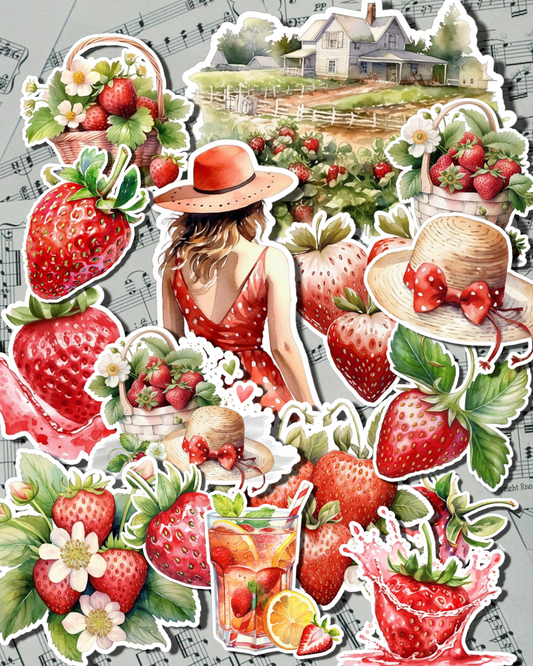 Lot de 15 stickers Fraise pour journal | Scrapbooking | Artisanat| Arts de la main •.