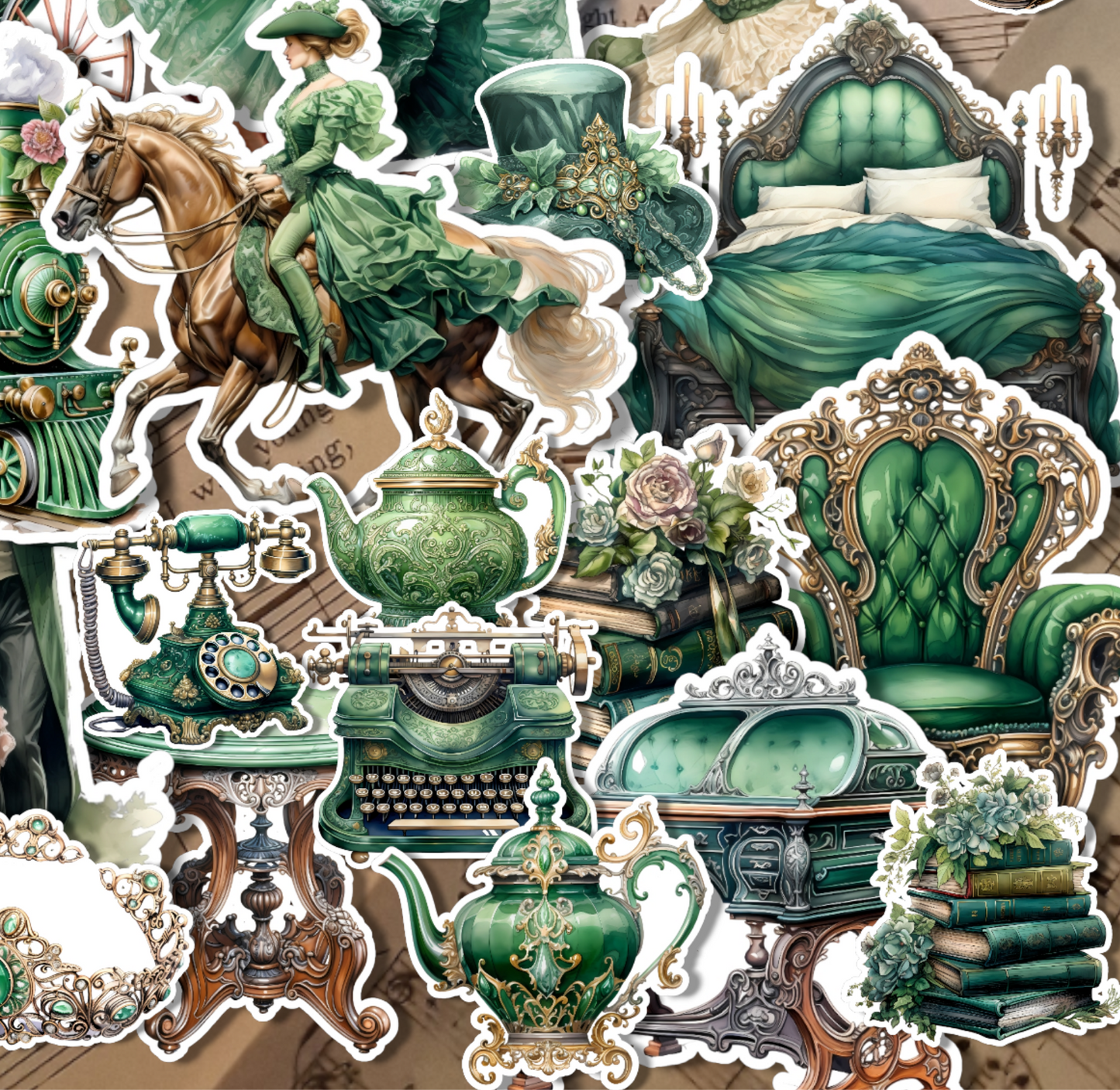 Lot de 12 ou 25 autocollants vintage vert foncé pour journalisation | Scrapbooking | Artisanat | Arts de la main •