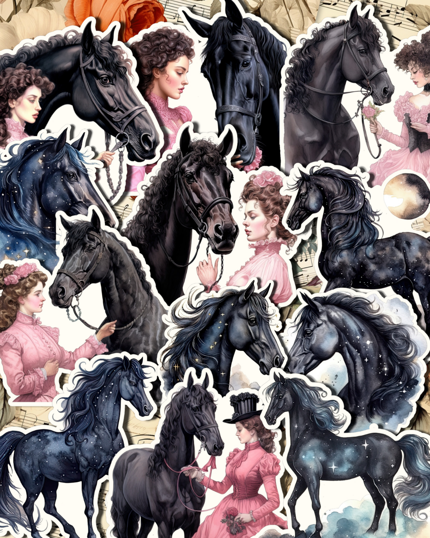 Lot de 12 stickers représentant le cheval noir et la jeune fille vintage pour tenir un journal | Scrapbooking | Artisanat | Arts de la main•