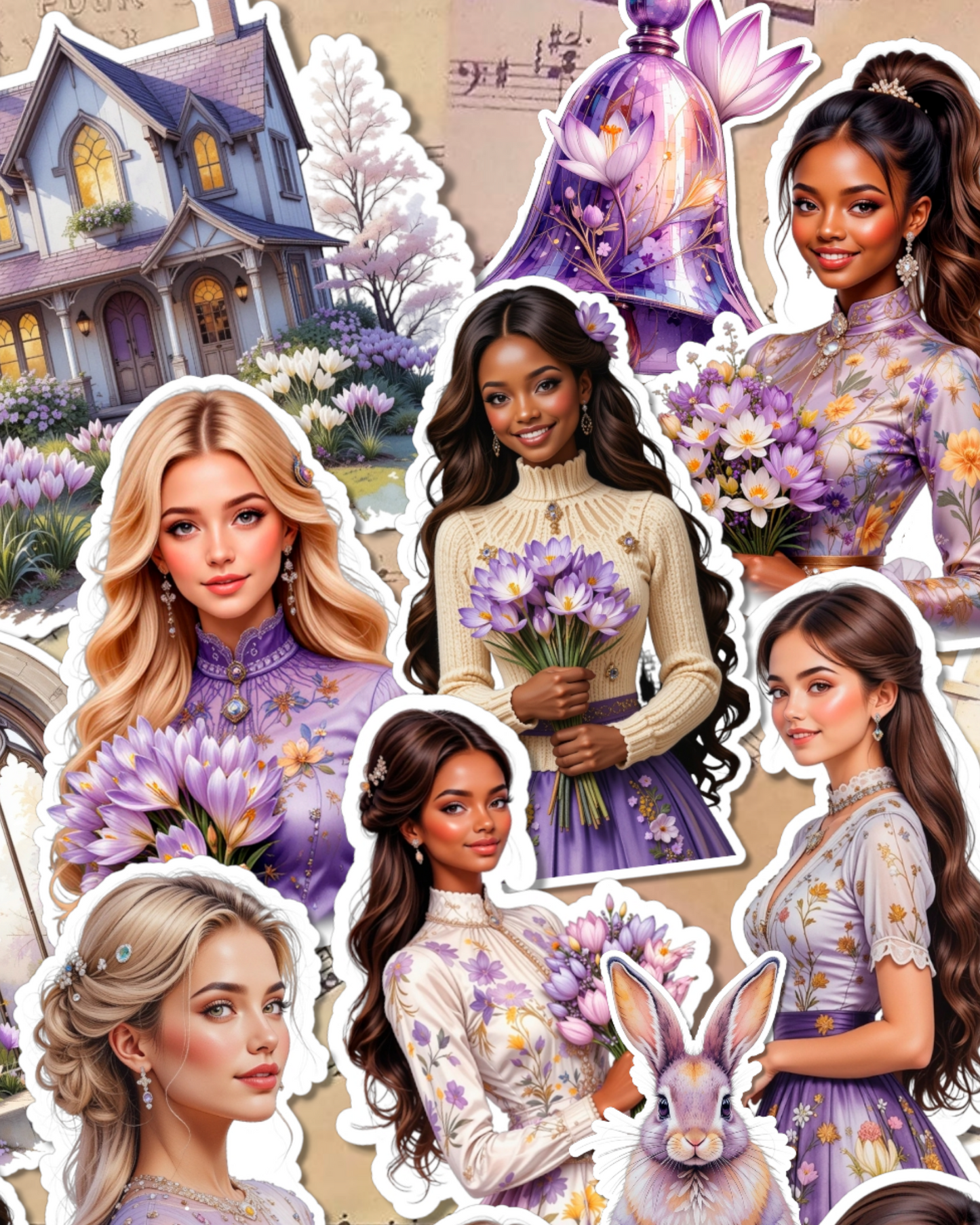 Lot de 17 stickers Floral purple girl for journaling| Scrapbooking | Crafts| Hand Arts •
