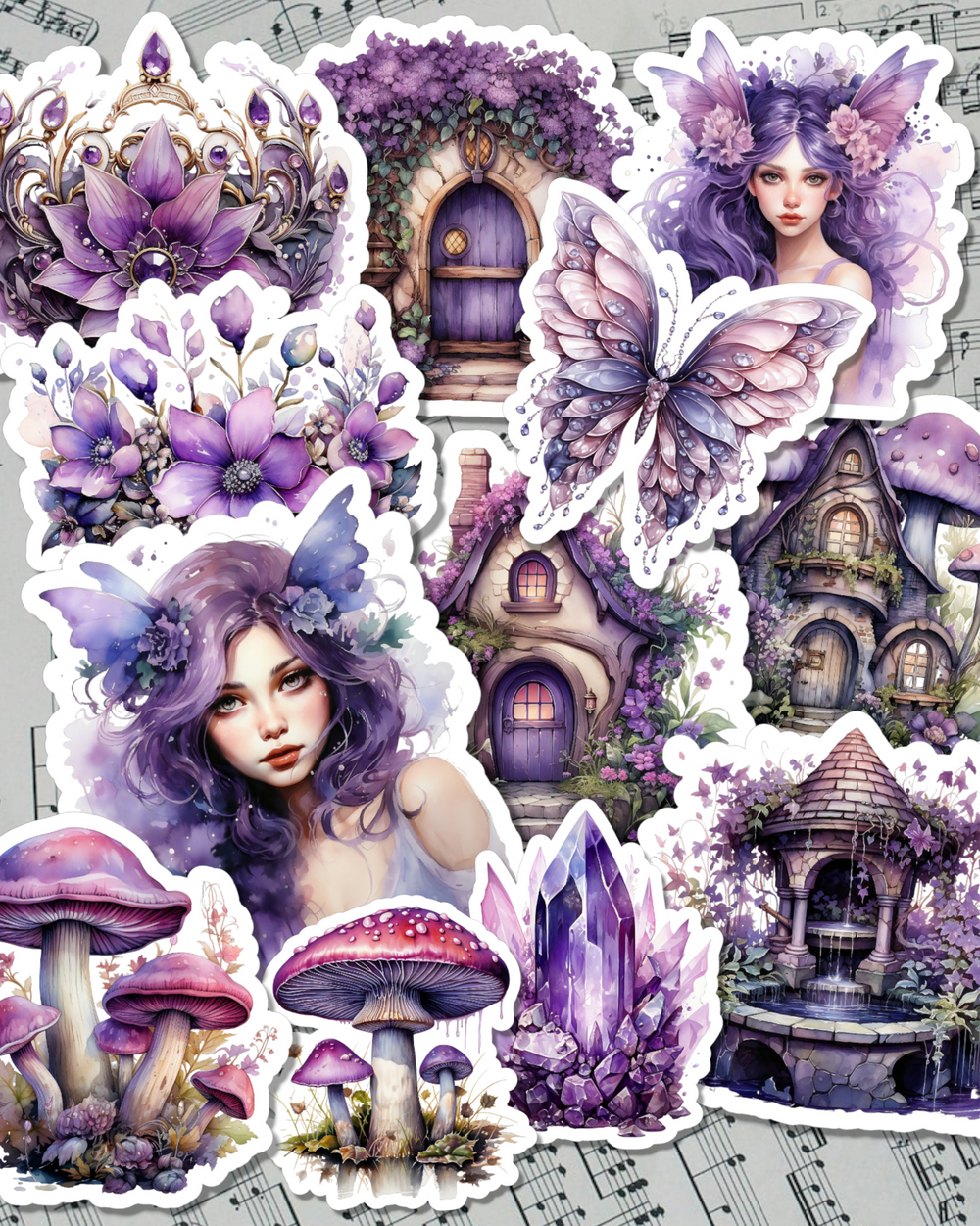 Lot de 12 stickers violettes contes de fées Stickers pour journal, scrapbooking, travaux manuels