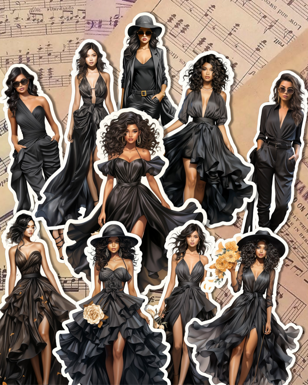 Lot de 10 autocollants en tissu noir fashion girl pour journal, scrapbooking, Hand Arts•