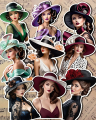 Ensemble de 9 femmes vintage avec un grand chapeau pour la tenue d'un journal, le scrapbooking, l'artisanat, l'art de la main