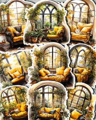 Lot de 9 Stickers Cosy Corner jaune pour journal, scrapbooking, travaux manuels, arts manuels.•