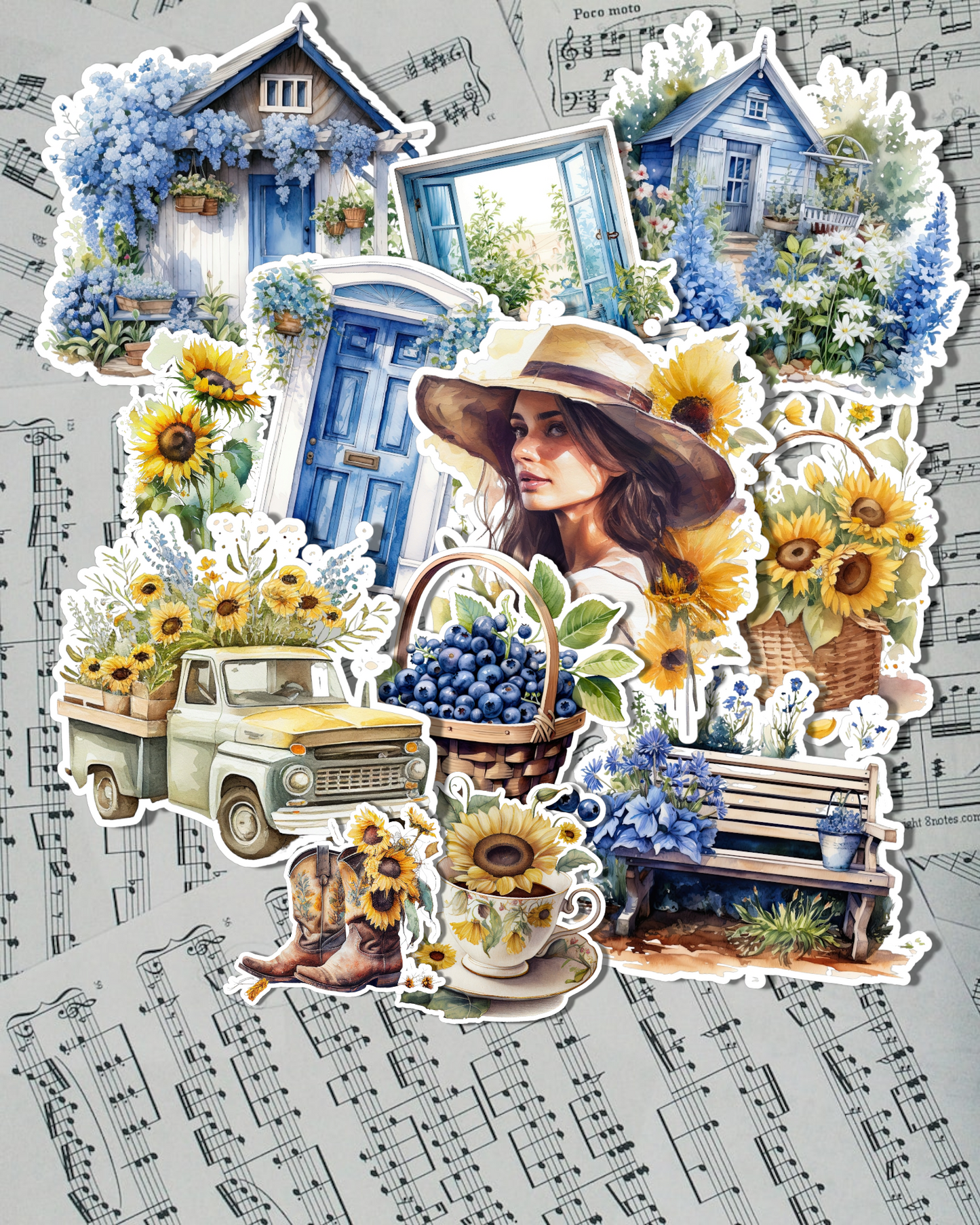 Lot de 15 autocollants Bleu Jaune Cottage | Scrapbooking | Artisanat | Arts de la main •