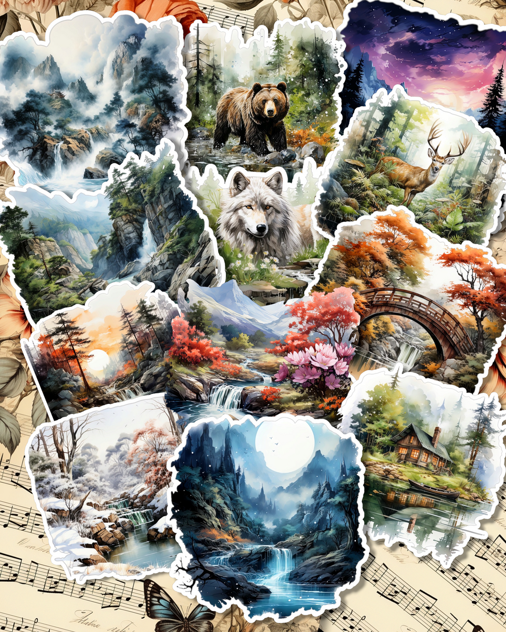 Lot de 12 vues d'animaux naturels pour journalisation, scrapbooking, travaux manuels, cartes, manuels d'arts.