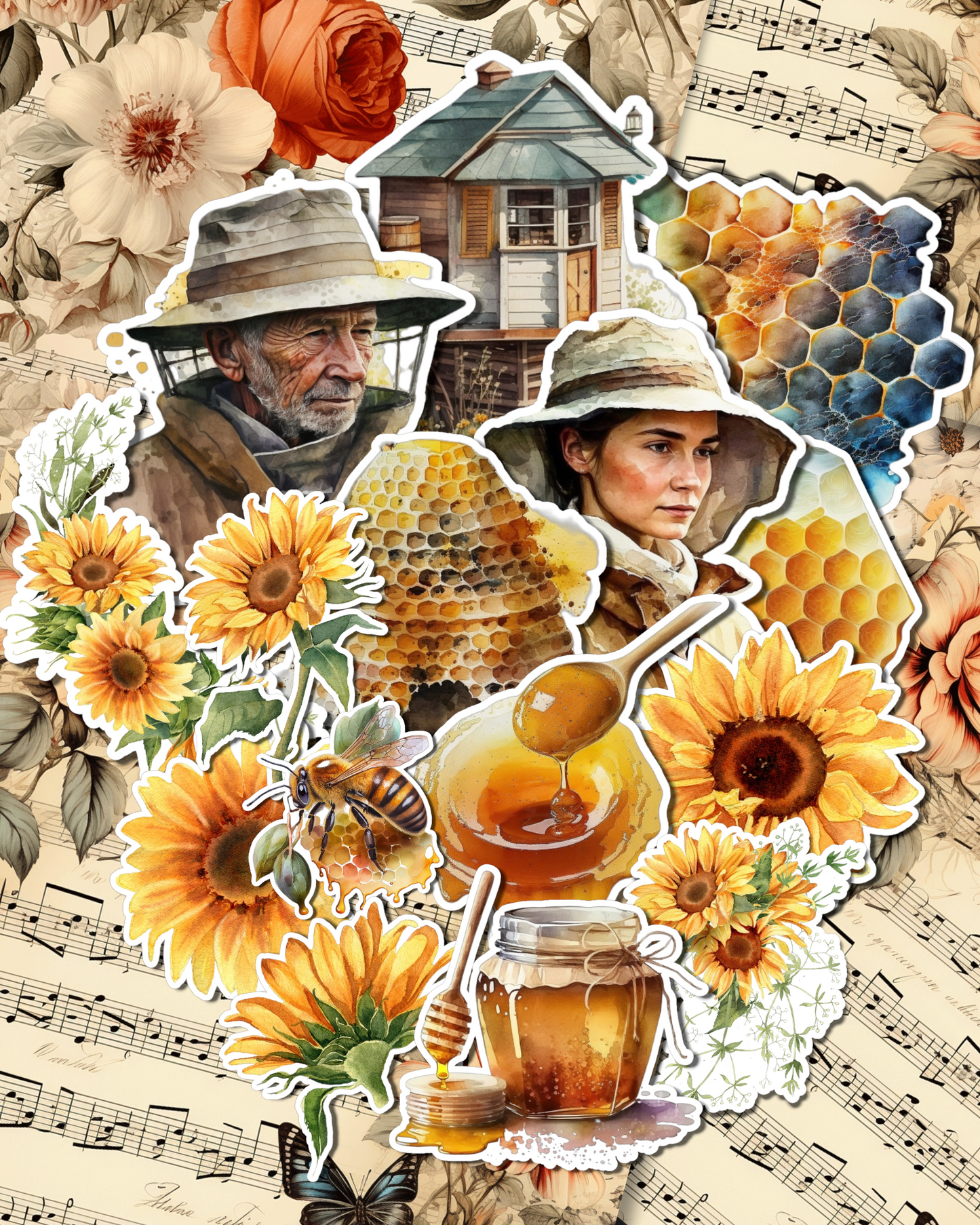 Lot de 15 Stickers Tournesol et Abeille| Scrapbooking | Artisanat | Arts de la main •