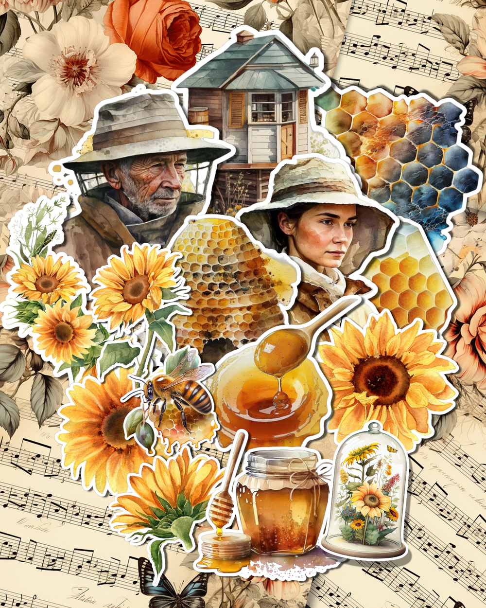 Lot de 15 Autocollants Tournesol et Abeille| Scrapbooking | Artisanat | Arts de la main •