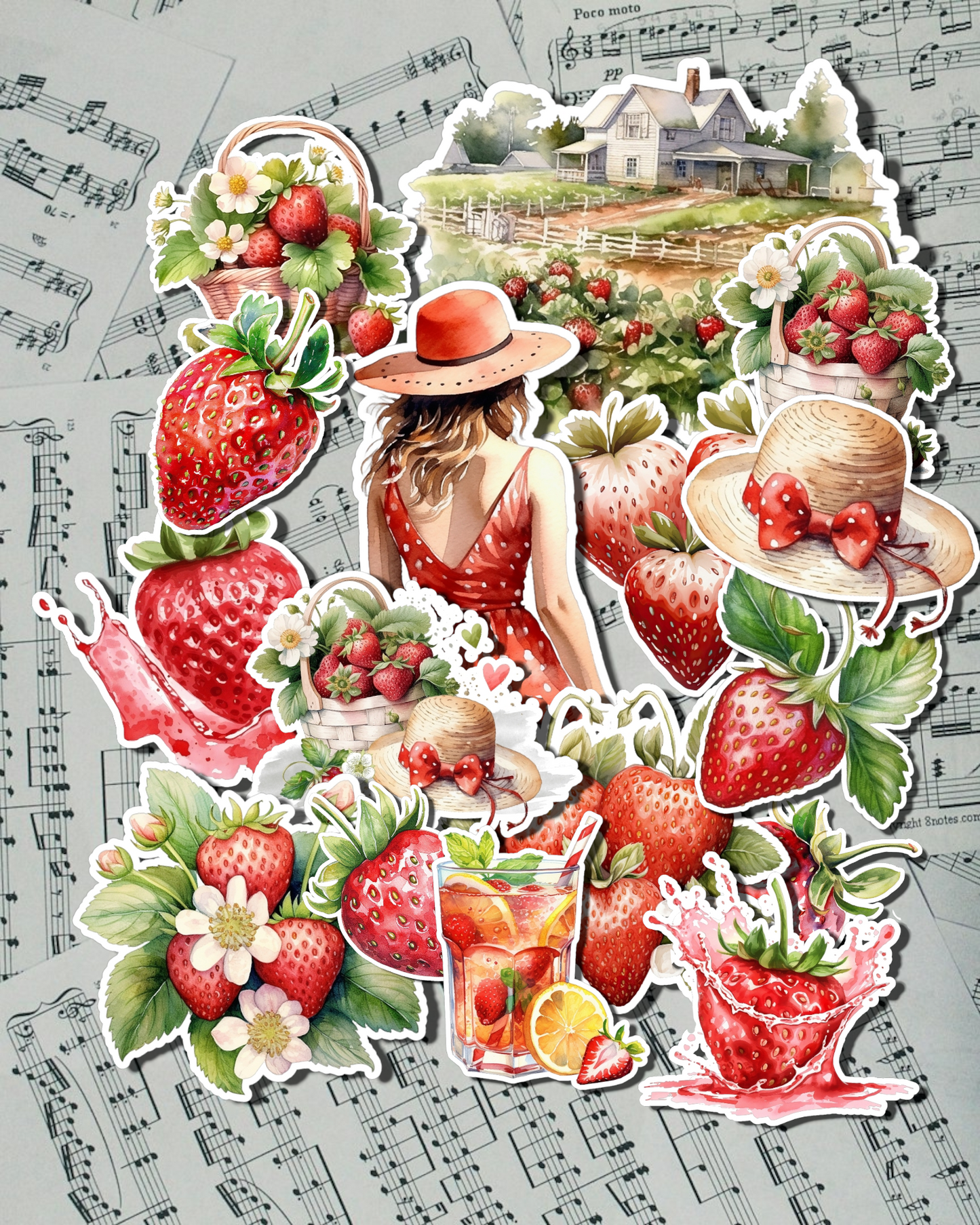 Lot de 15 stickers Fraise pour journal | Scrapbooking | Artisanat| Arts de la main •.