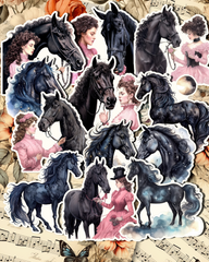 Lot de 12 stickers représentant le cheval noir et la jeune fille vintage pour tenir un journal | Scrapbooking | Artisanat | Arts de la main•