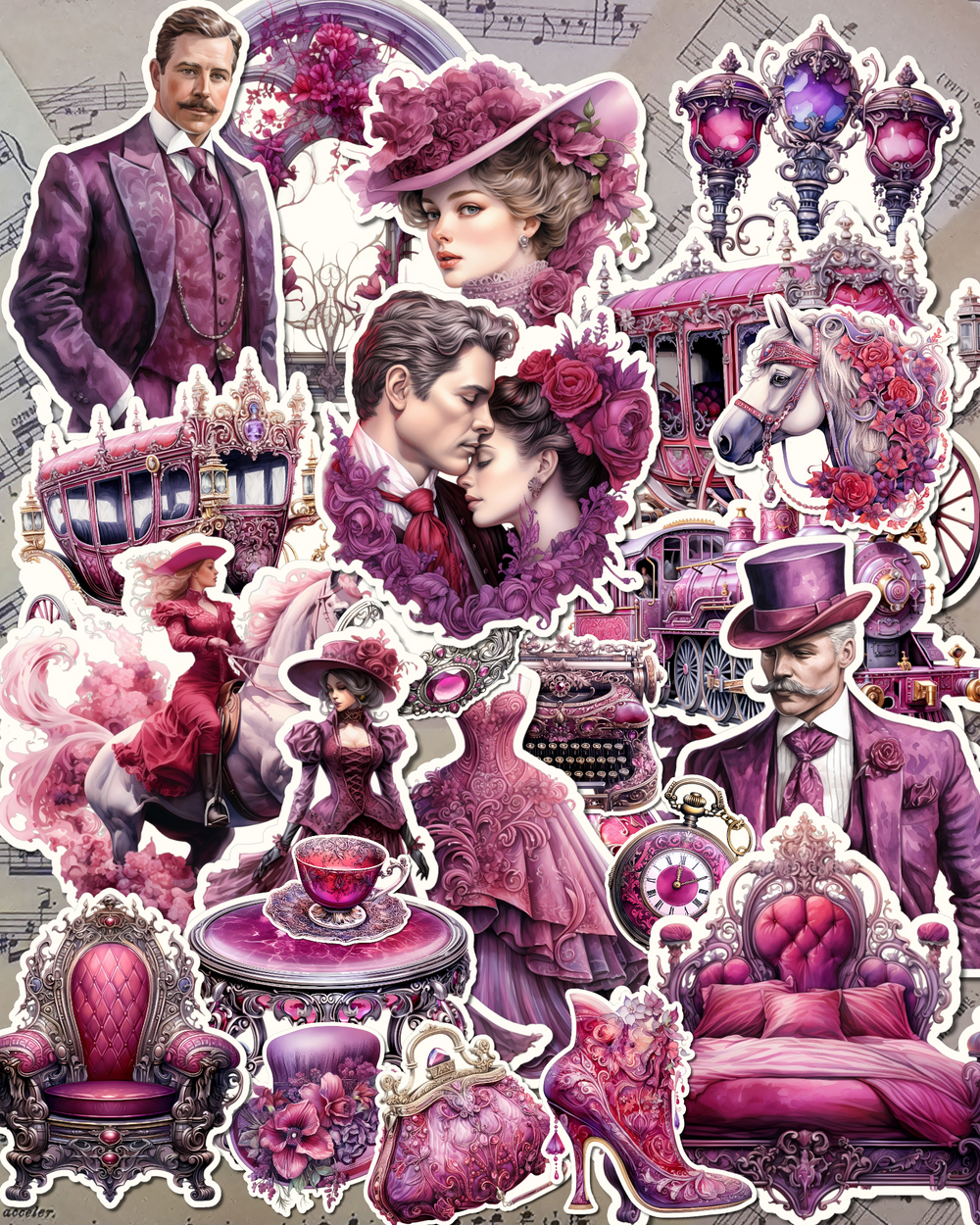 Lot de 25 ou 12 autocollants photo couleur cramoisie sur le thème de la vie victorienne aux couleurs d'affiches pour le journalisme, le scrapbooking, l'artisanat et les arts manuels.