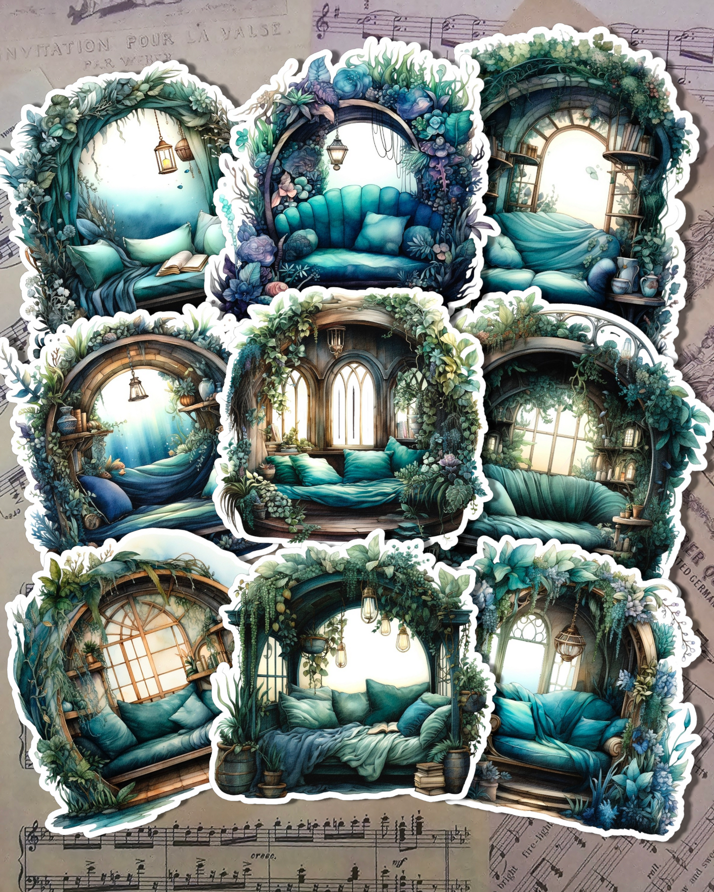 Lot de 9 Stickers Cosy Corner vert turquoise pour journal, scrapbooking, travaux manuels, arts manuels.•