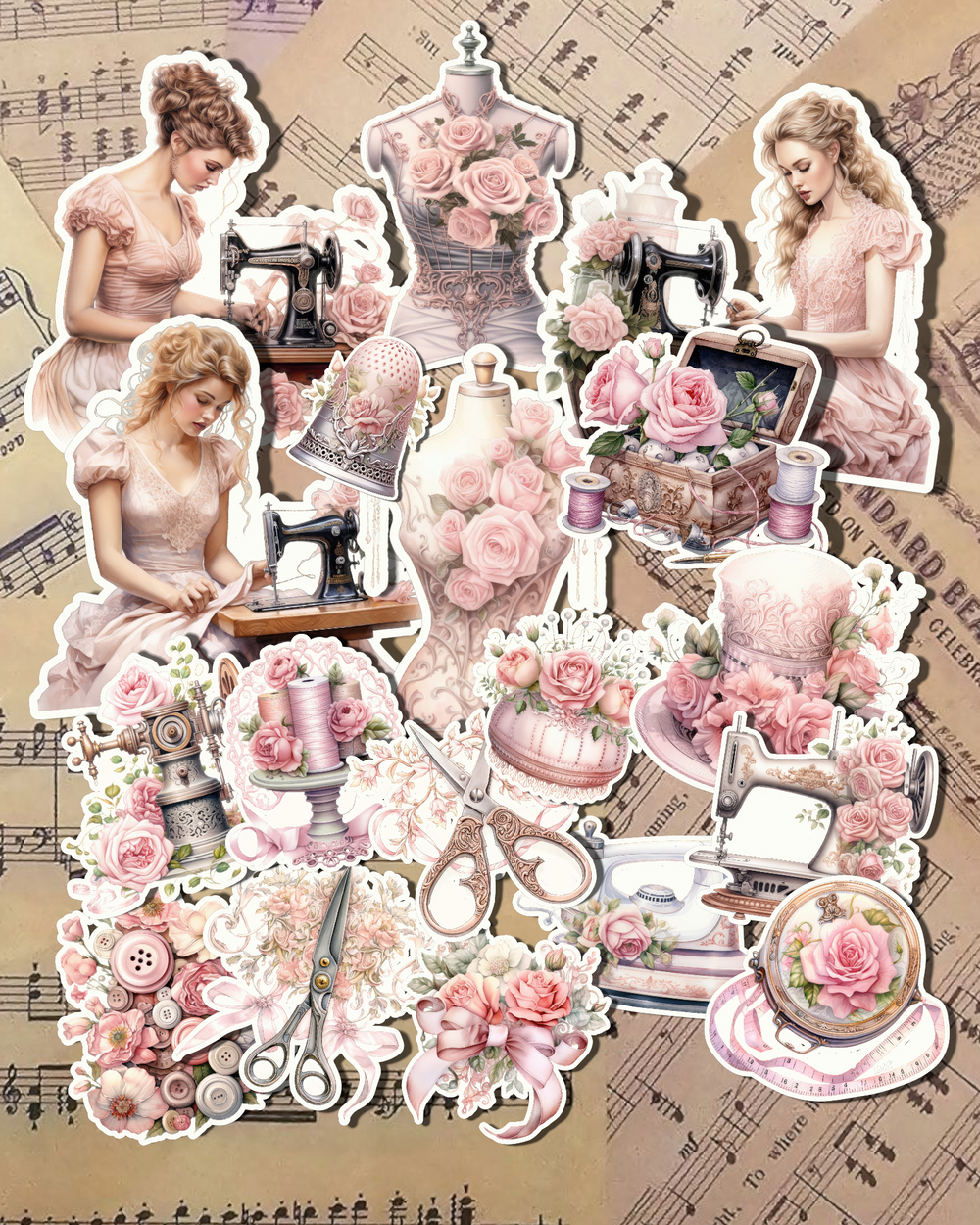 Lot de couture vintage de la vie victorienne aux couleurs d'affiches pour la journalisation, le scrapbooking, l'artisanat, les arts manuels•