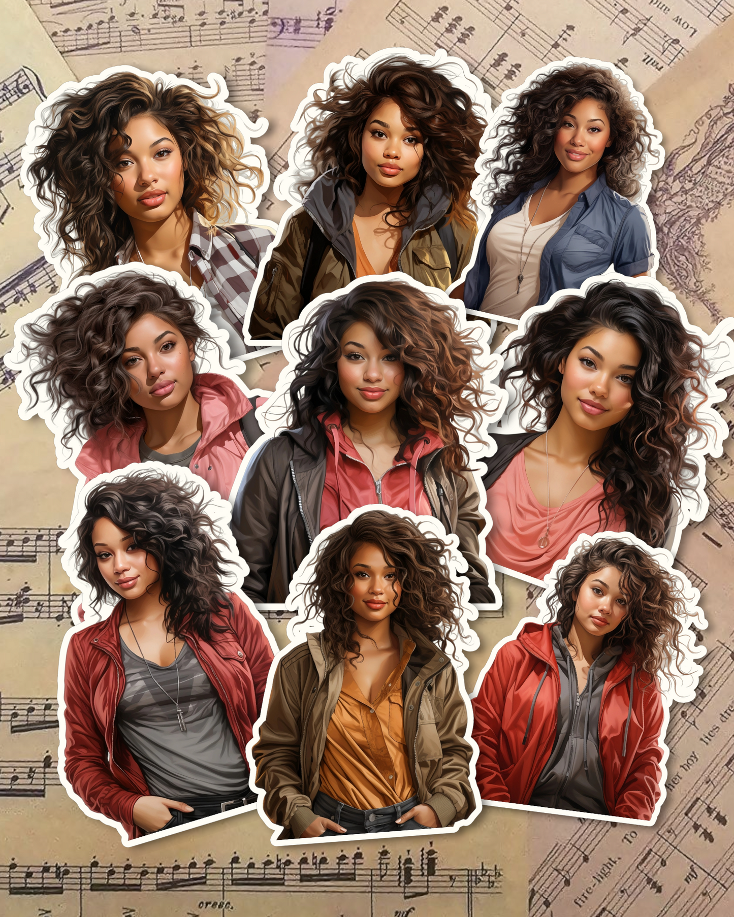 Set of Casual Fashion American African girls stickers for Journaling, Scrapbooking, Crafts, Hand Arts