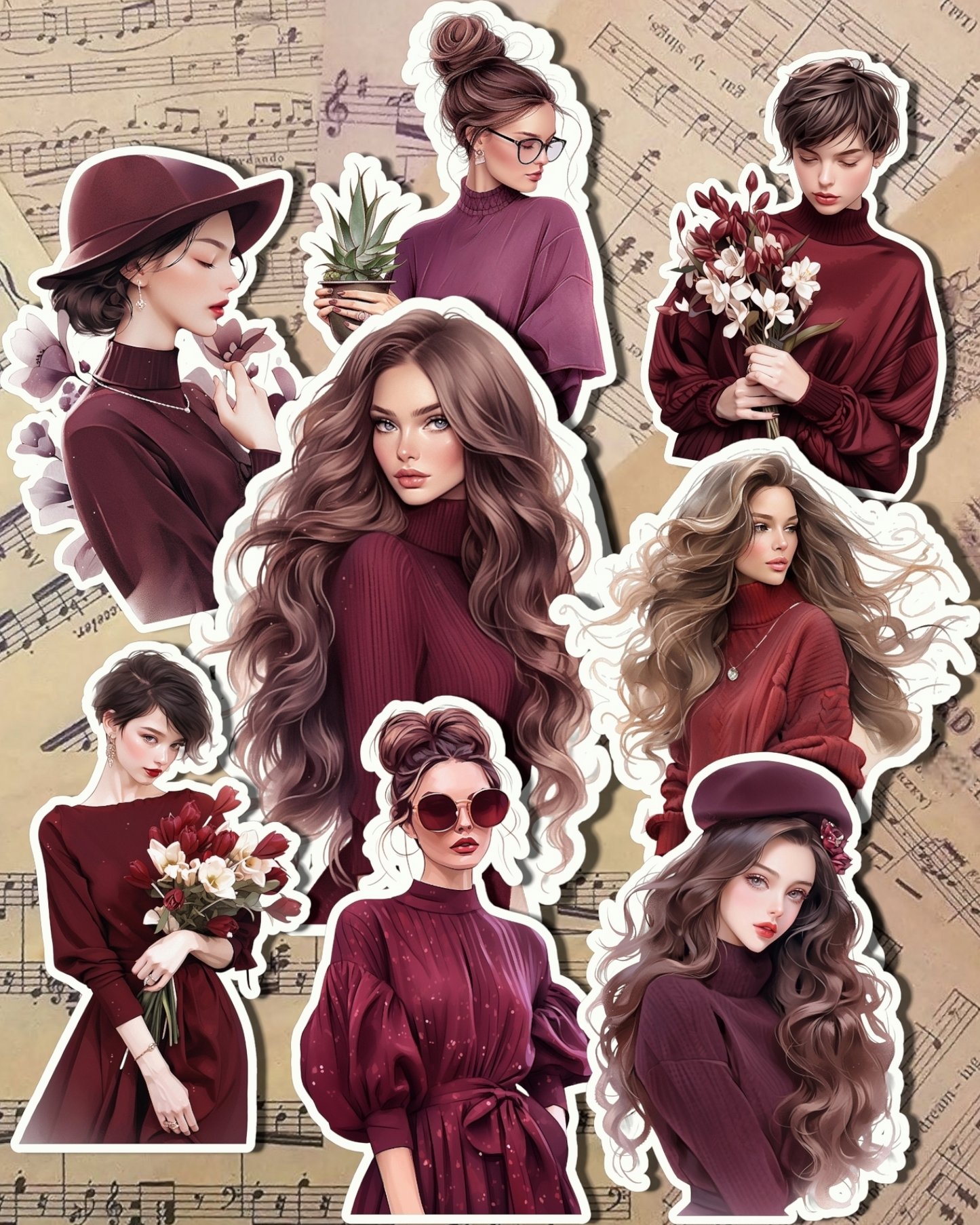 Lot de jolies filles bordeaux pour la rédaction d'un journal, le scrapbooking, les travaux manuels, les travaux manuels.