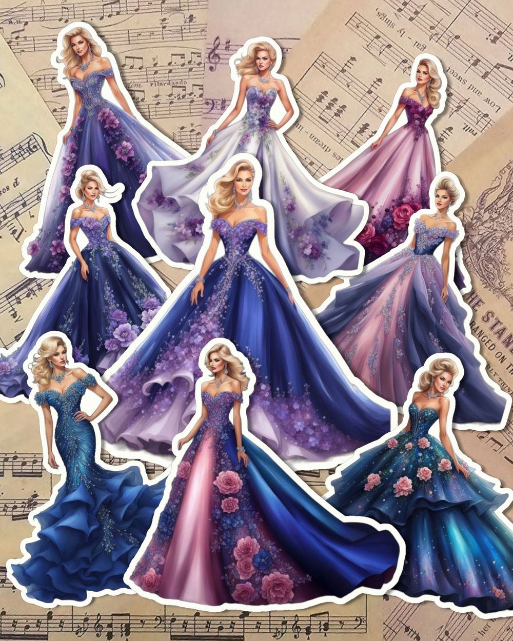 Lot de magnifiques stickers robe princesse pour Journaling | Scrapbooking | Artisanat | Fait main .
