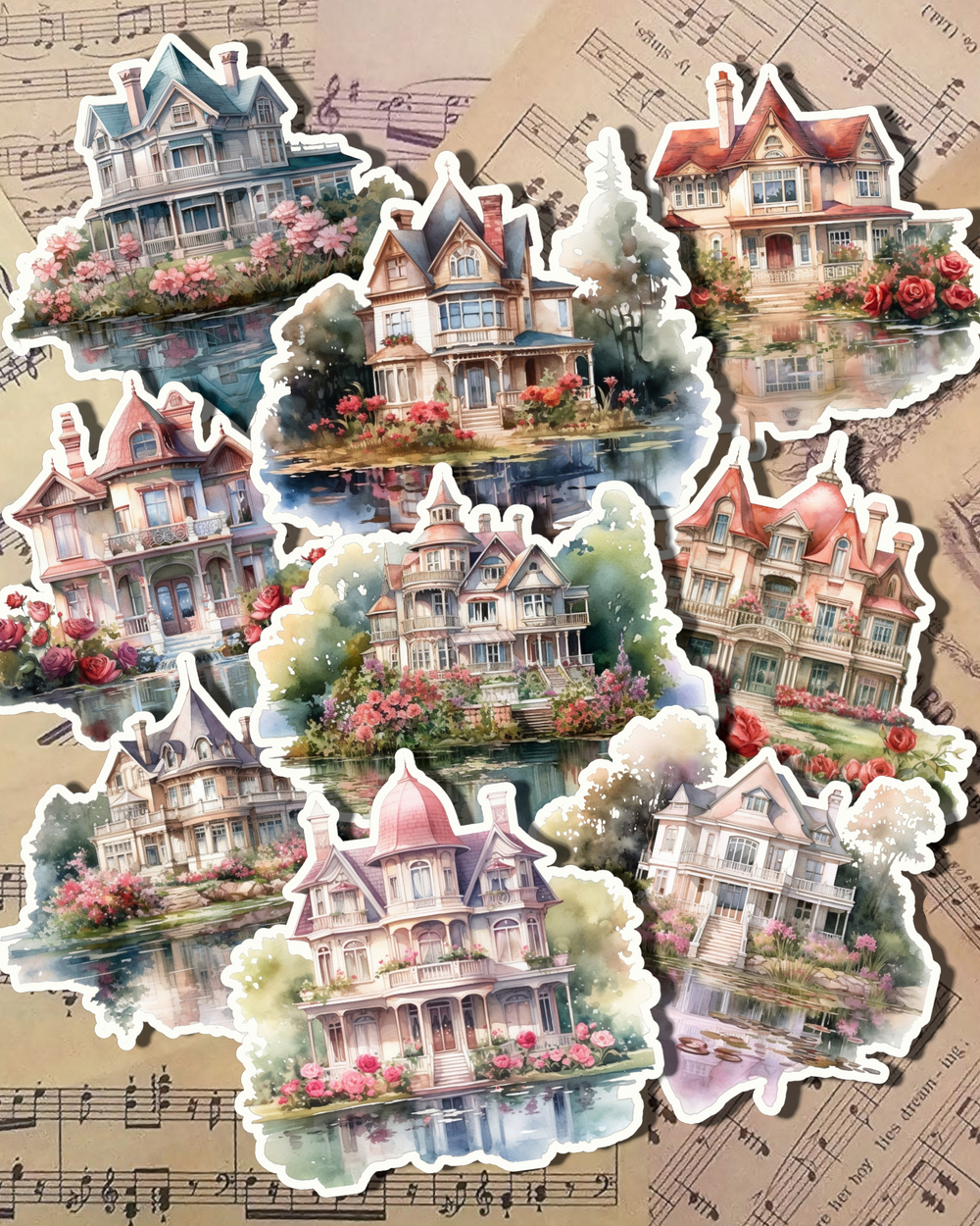 Ensemble de 9 maisons fleuries sur le lac pour journal, scrapbooking, travaux manuels, manuels d'arts.