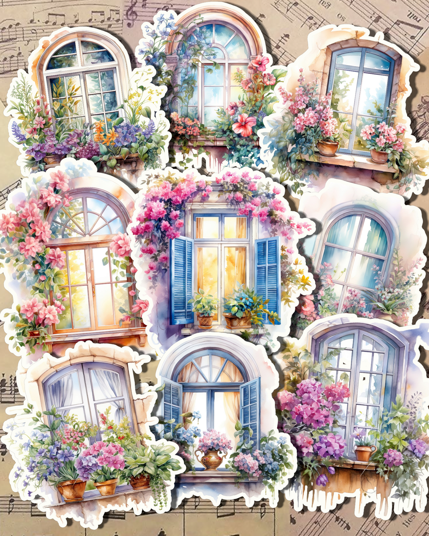 Set of 9 spring floral window for journaling, scrapbooking, Crafts, Hand Arts•