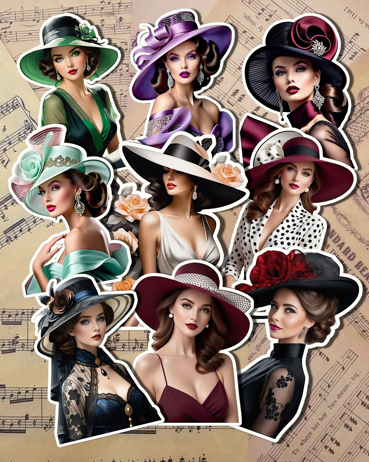 Ensemble de 9 femmes vintage avec un grand chapeau pour la tenue d'un journal, le scrapbooking, l'artisanat, l'art de la main