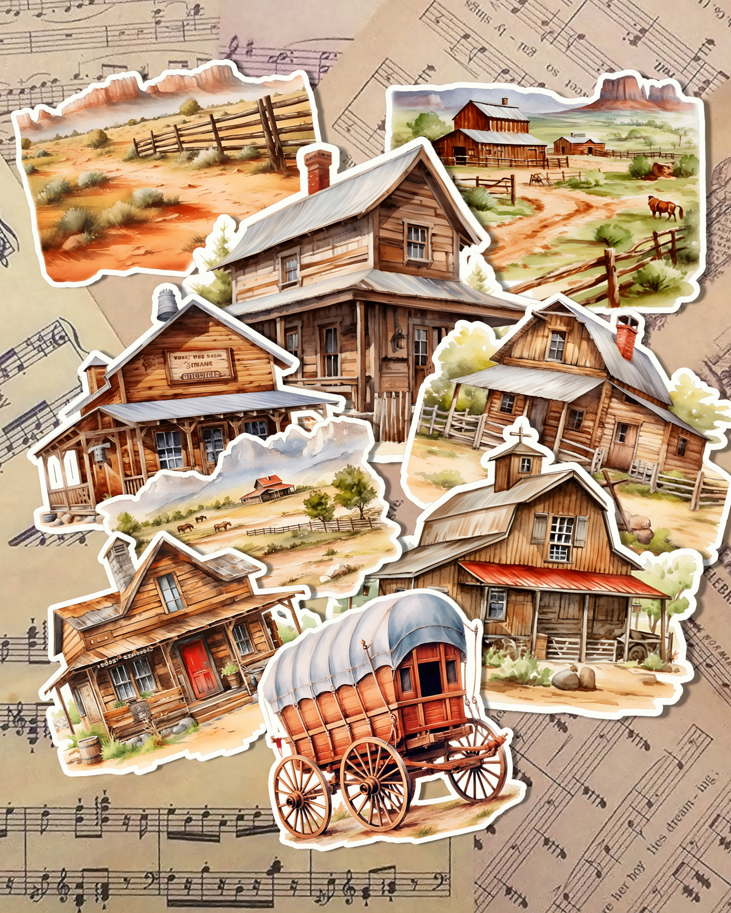 Set of wooden Houses and weetern Pysage for journaling, Scrapbooking, Crafts, HandArts •